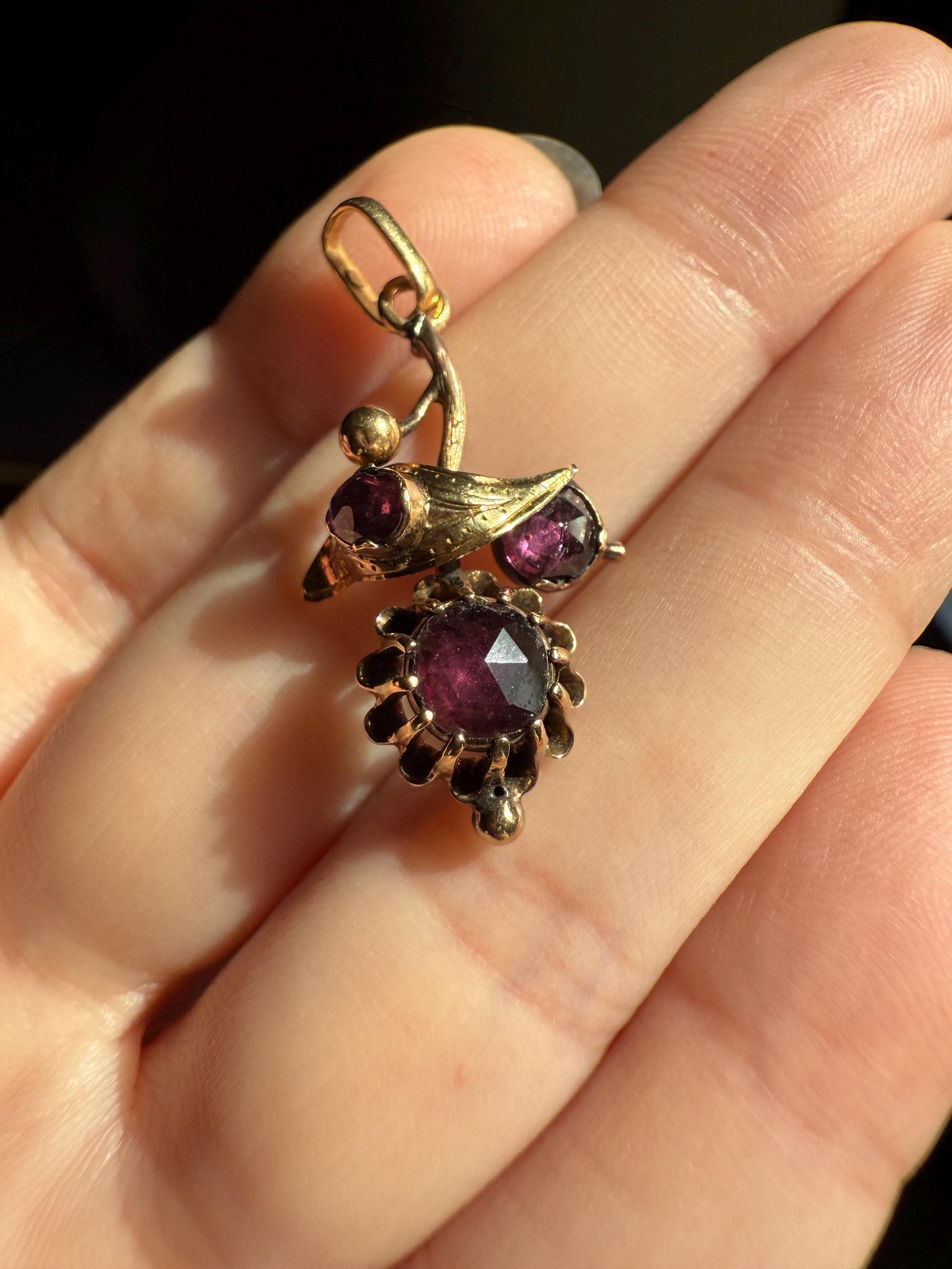 FLORAL Leaf Victorian French Perpignan GARNET Pendant Charm Dangle Pendant 18k Gold Rose Cut Closed Back Almandine Glowing Purple Pink Leaf