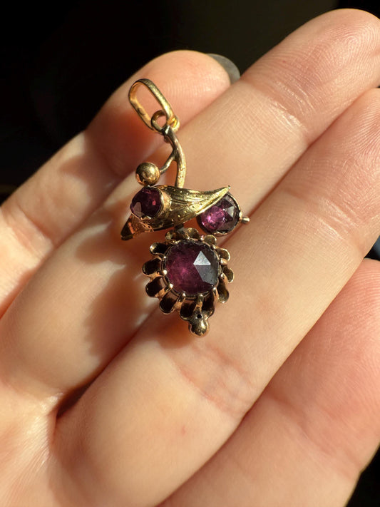 FLORAL Leaf Victorian French Perpignan GARNET Pendant Charm Dangle Pendant 18k Gold Rose Cut Closed Back Almandine Glowing Purple Pink Leaf