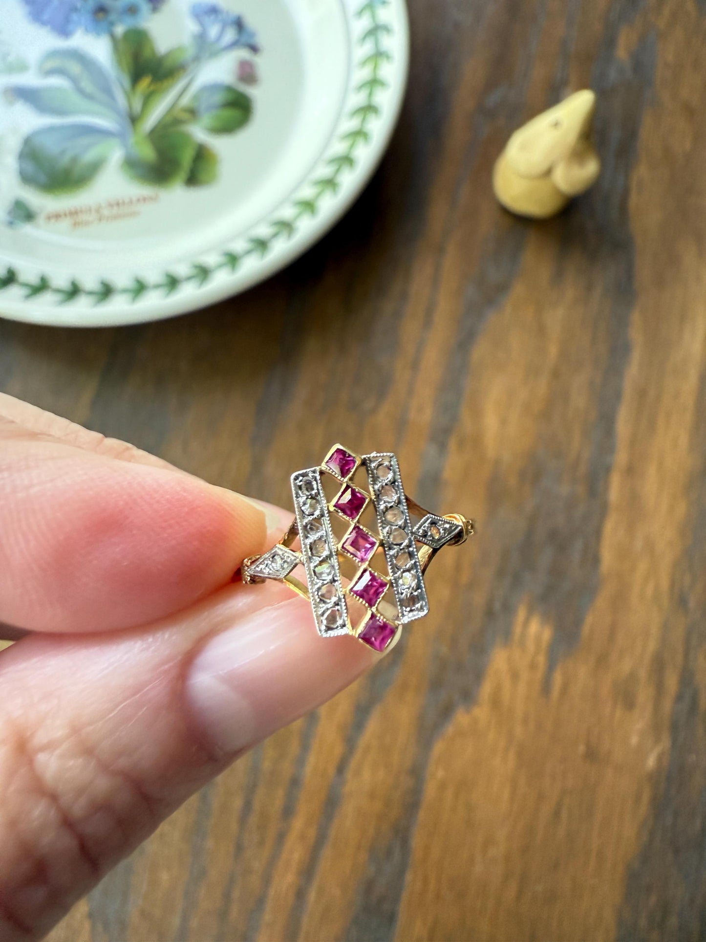 Lattice Antique Edwardian Pink RUBY 18k Gold Fuchsia 16 Rose Cut Diamond Grid Ring Belle Epoque Stacker Colorful Geometric Romantic Gift