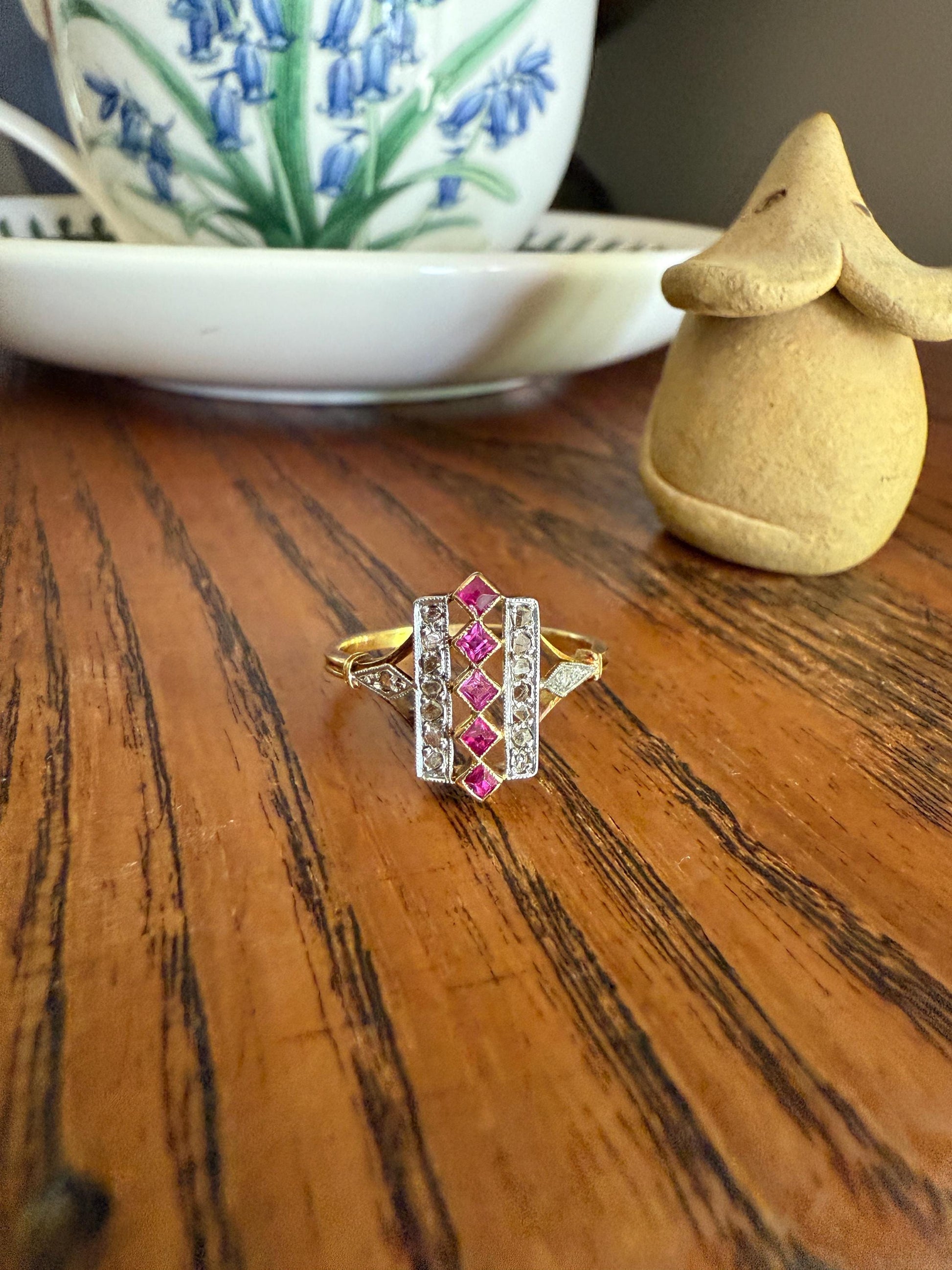 Lattice Antique Edwardian Pink RUBY 18k Gold Fuchsia 16 Rose Cut Diamond Grid Ring Belle Epoque Stacker Colorful Geometric Romantic Gift