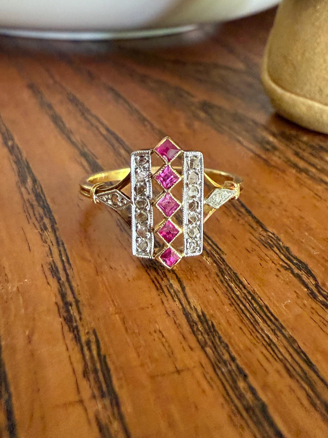 Lattice Antique Edwardian Pink RUBY 18k Gold Fuchsia 16 Rose Cut Diamond Grid Ring Belle Epoque Stacker Colorful Geometric Romantic Gift