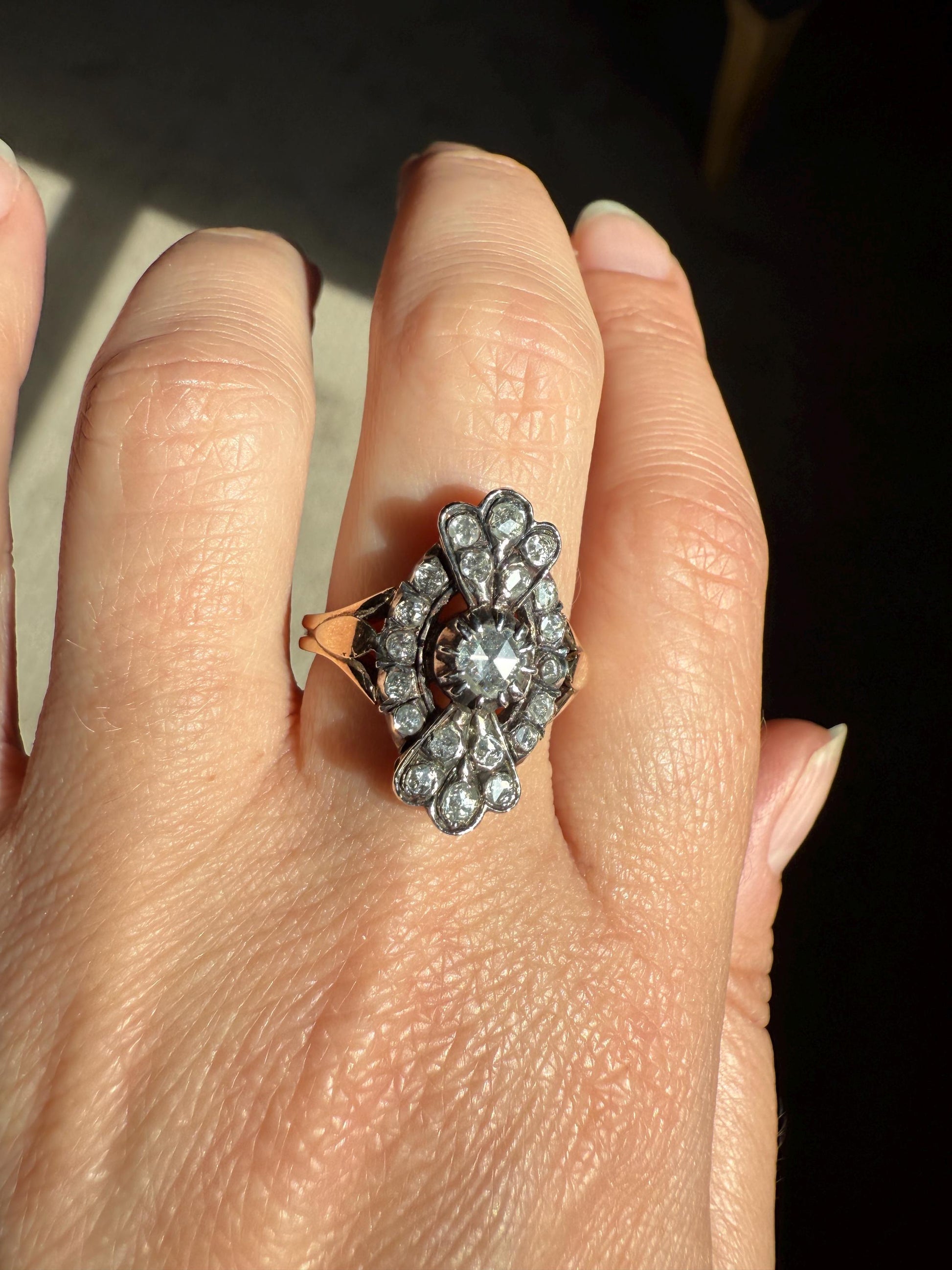 Scalloped Cluster Antique Spanish Iberian Rose Cut Diamond Ring Oval Floral Sunburst Domed Back 18k Gold Silver Unique Foiled Stacker Gift