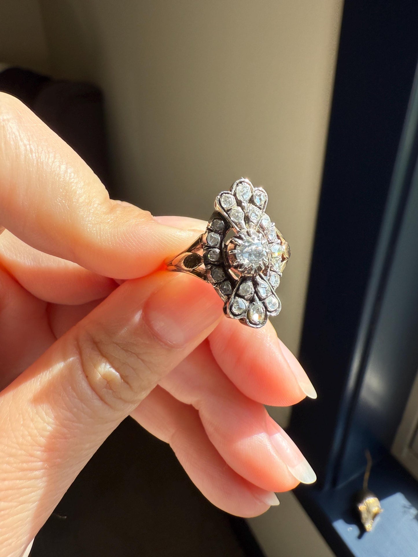 Scalloped Cluster Antique Spanish Iberian Rose Cut Diamond Ring Oval Floral Sunburst Domed Back 18k Gold Silver Unique Foiled Stacker Gift