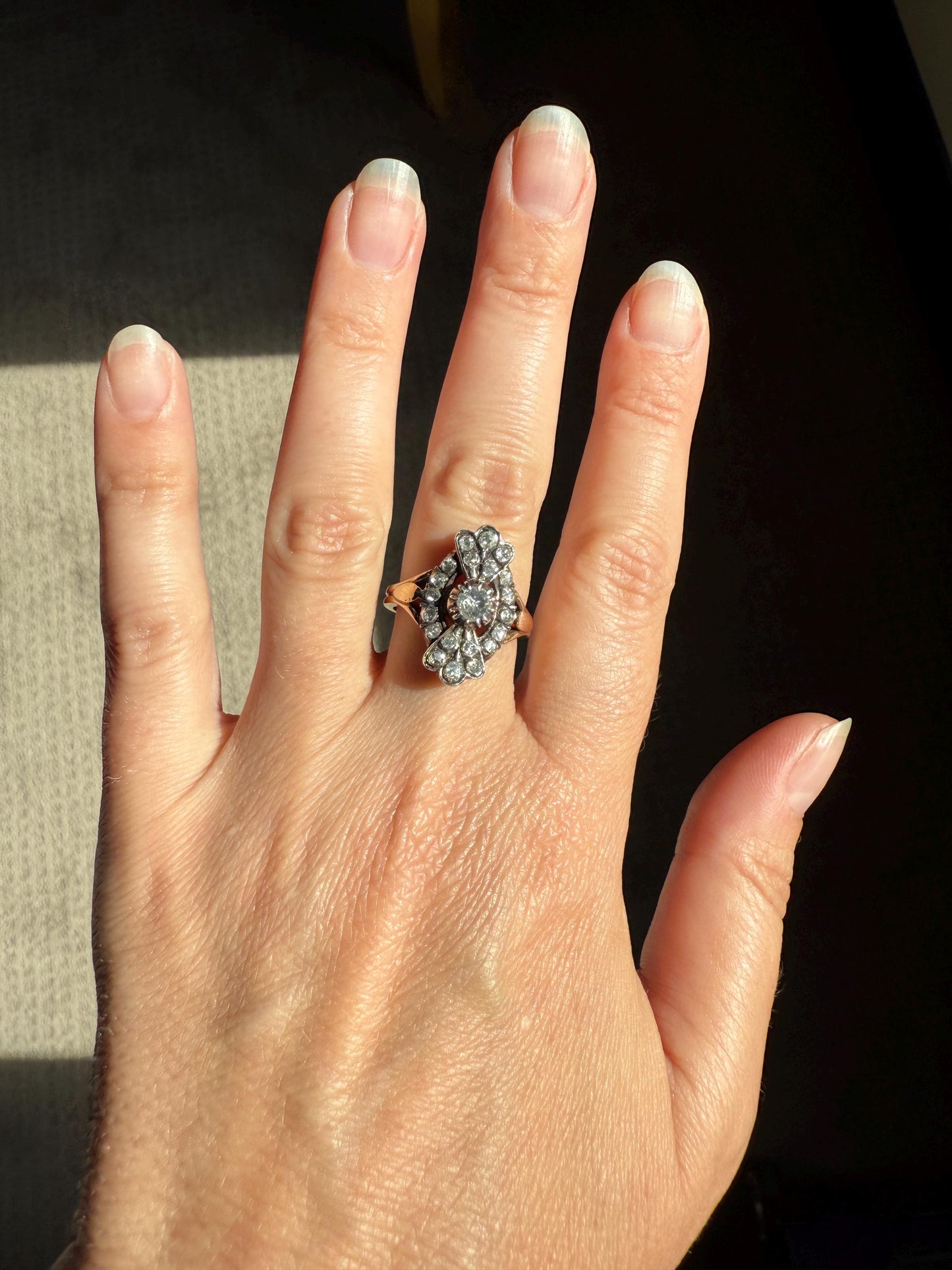 Scalloped Cluster Antique Spanish Iberian Rose Cut Diamond Ring Oval Floral Sunburst Domed Back 18k Gold Silver Unique Foiled Stacker Gift