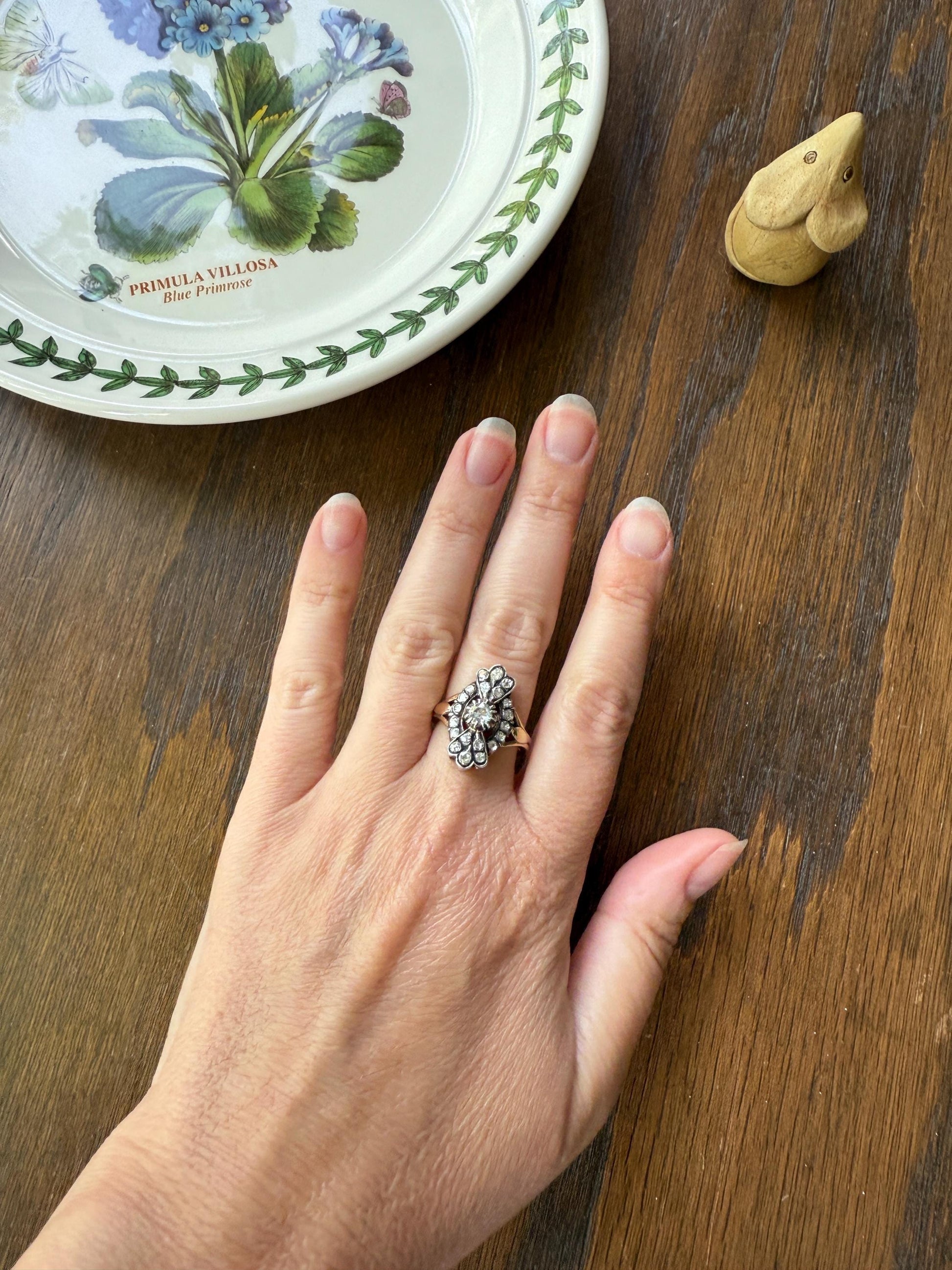 Scalloped Cluster Antique Spanish Iberian Rose Cut Diamond Ring Oval Floral Sunburst Domed Back 18k Gold Silver Unique Foiled Stacker Gift