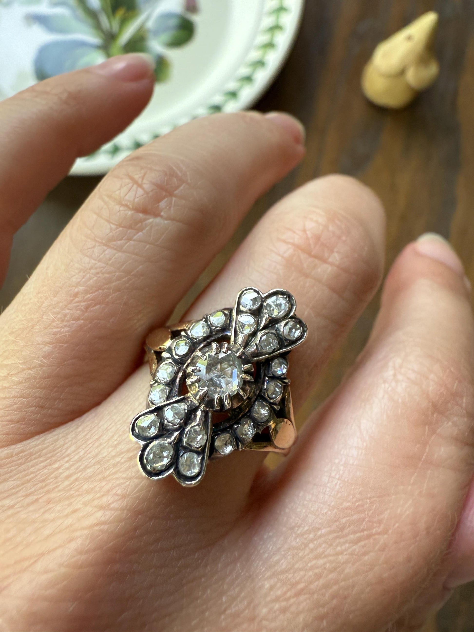 Scalloped Cluster Antique Spanish Iberian Rose Cut Diamond Ring Oval Floral Sunburst Domed Back 18k Gold Silver Unique Foiled Stacker Gift