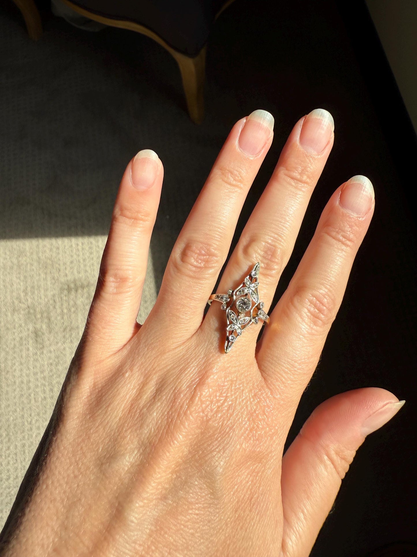 Ornate Butterfly ? Leaf French Belle Epoque Old Mine Rose Cut Diamond Ring 18k Gold 1.1 Inch Swirl Unique Navette Romantic Gift OmC