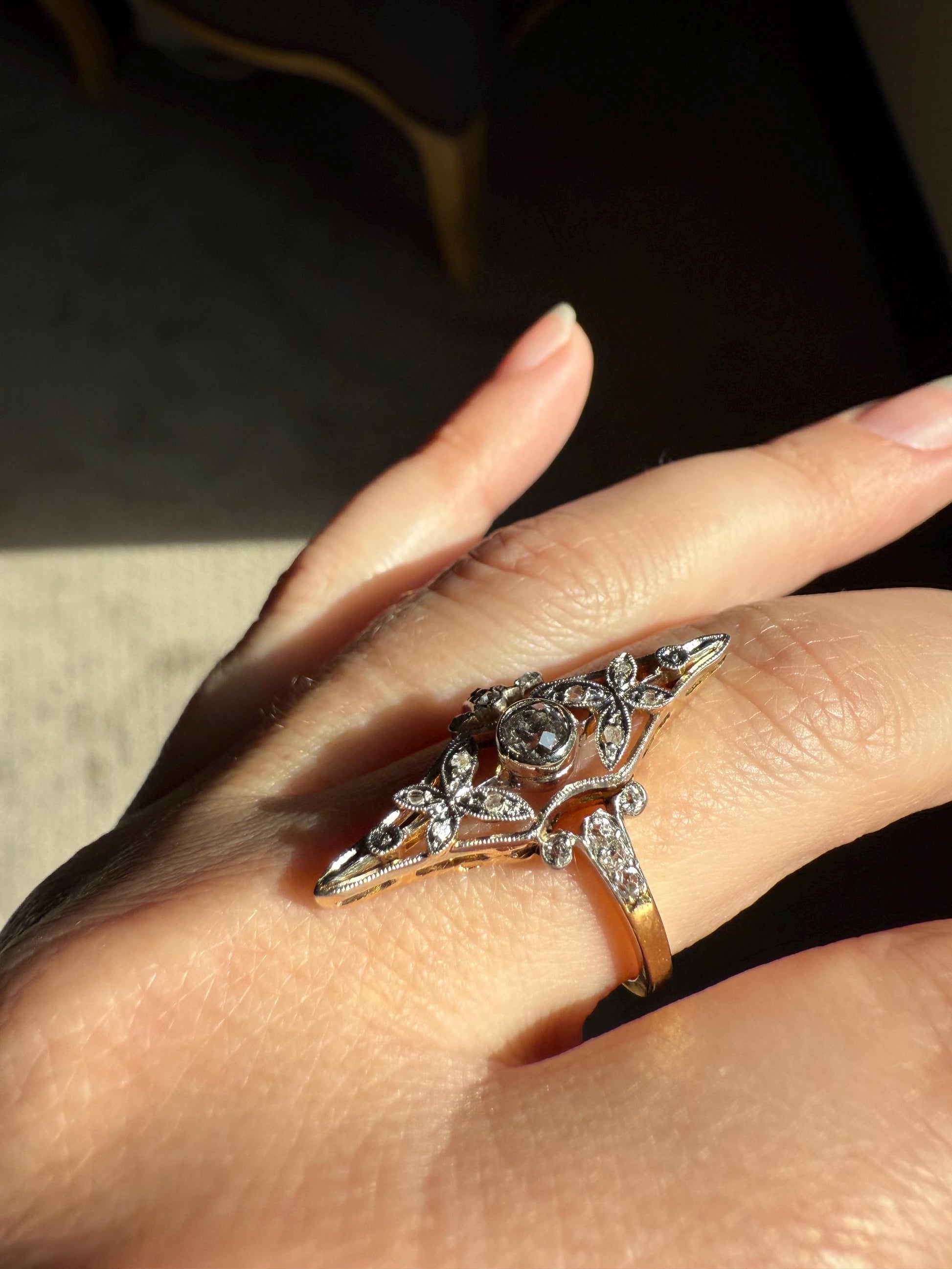 Ornate Butterfly ? Leaf French Belle Epoque Old Mine Rose Cut Diamond Ring 18k Gold 1.1 Inch Swirl Unique Navette Romantic Gift OmC