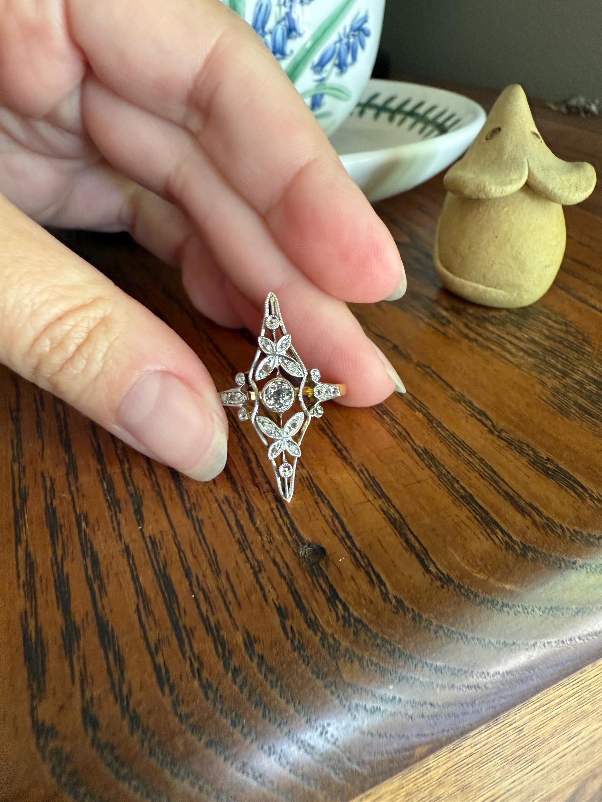 Ornate Butterfly ? Leaf French Belle Epoque Old Mine Rose Cut Diamond Ring 18k Gold 1.1 Inch Swirl Unique Navette Romantic Gift OmC