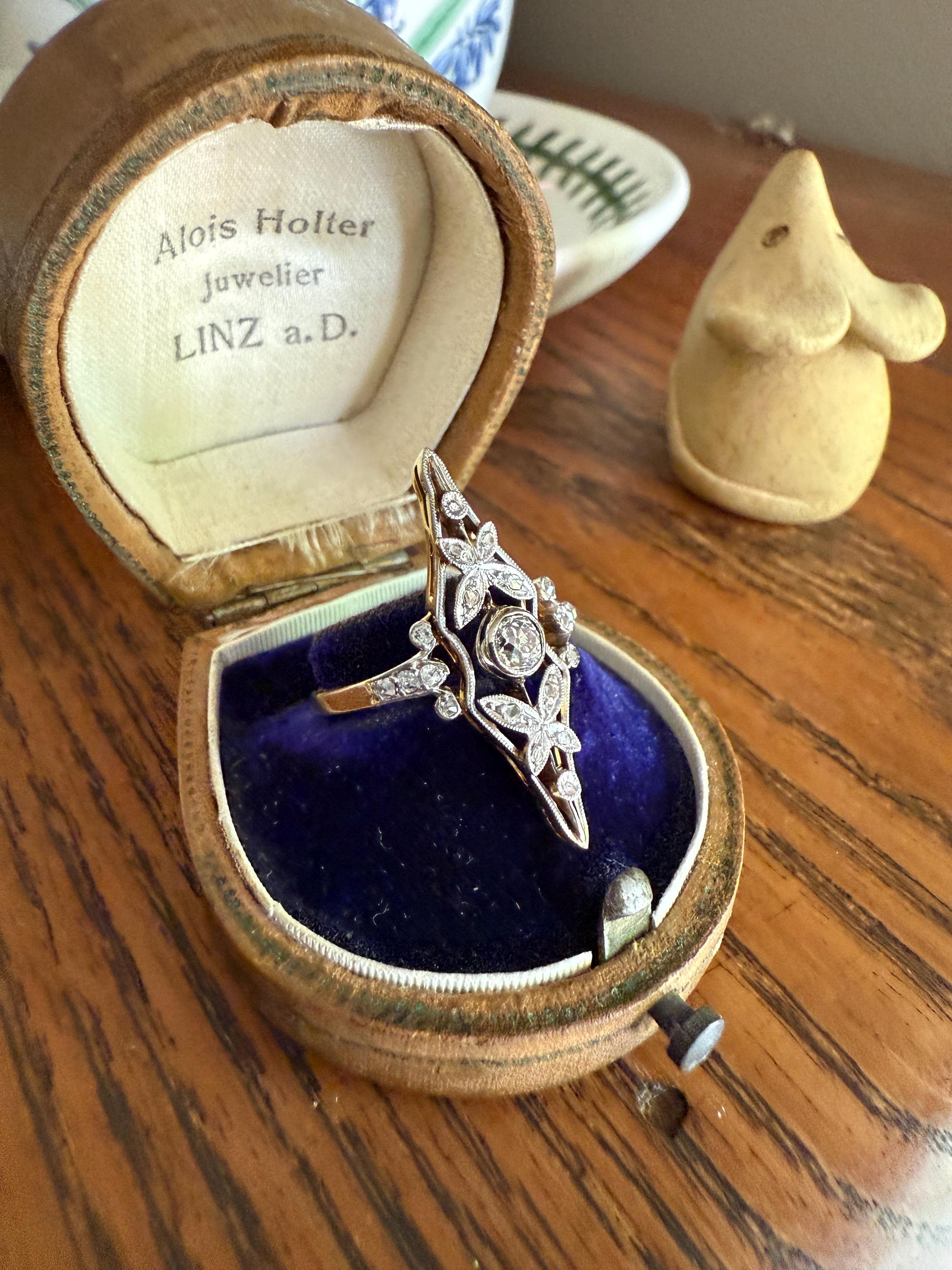 Ornate Butterfly ? Leaf French Belle Epoque Old Mine Rose Cut Diamond Ring 18k Gold 1.1 Inch Swirl Unique Navette Romantic Gift OmC
