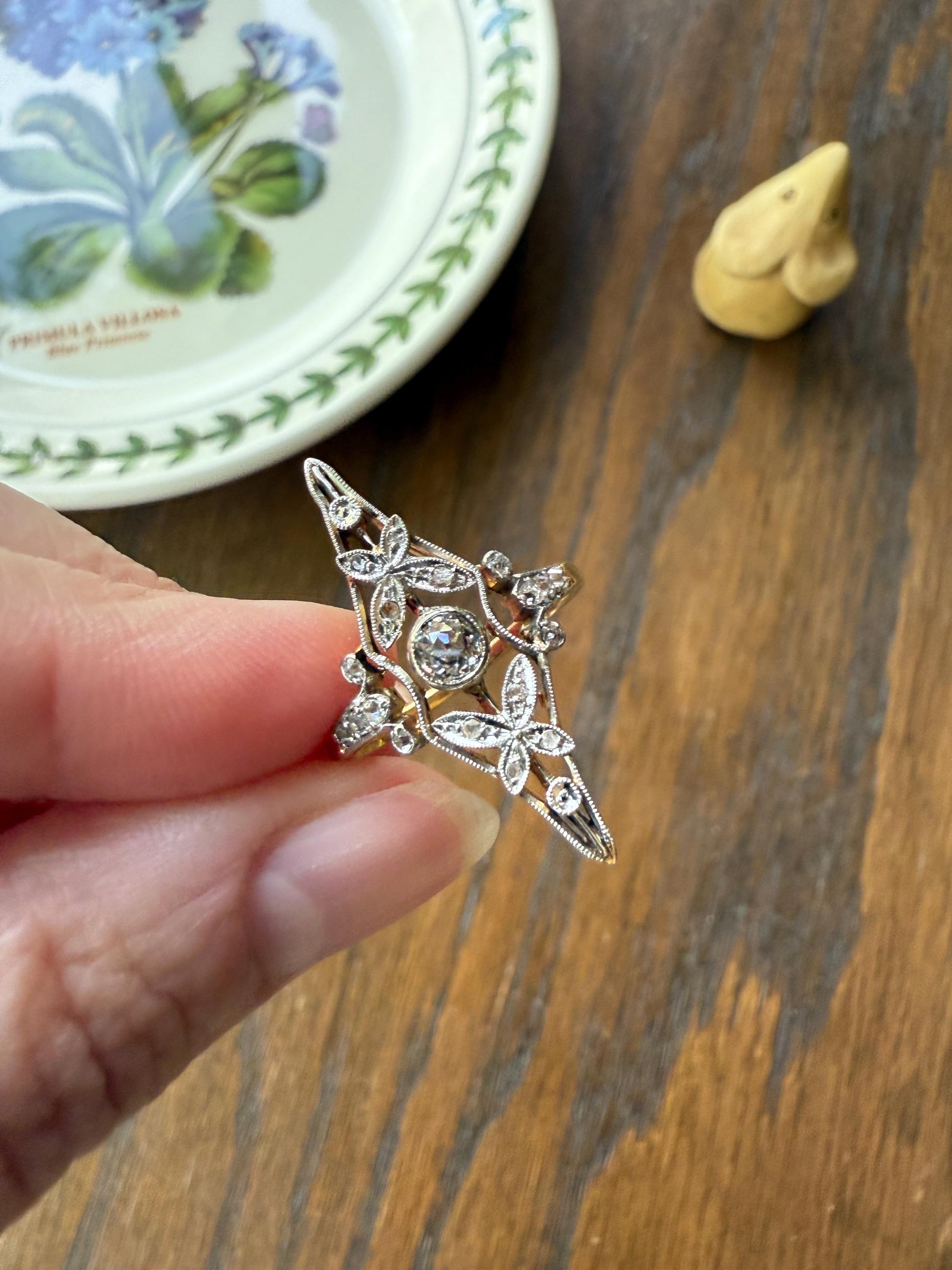 Ornate Butterfly ? Leaf French Belle Epoque Old Mine Rose Cut Diamond Ring 18k Gold 1.1 Inch Swirl Unique Navette Romantic Gift OmC