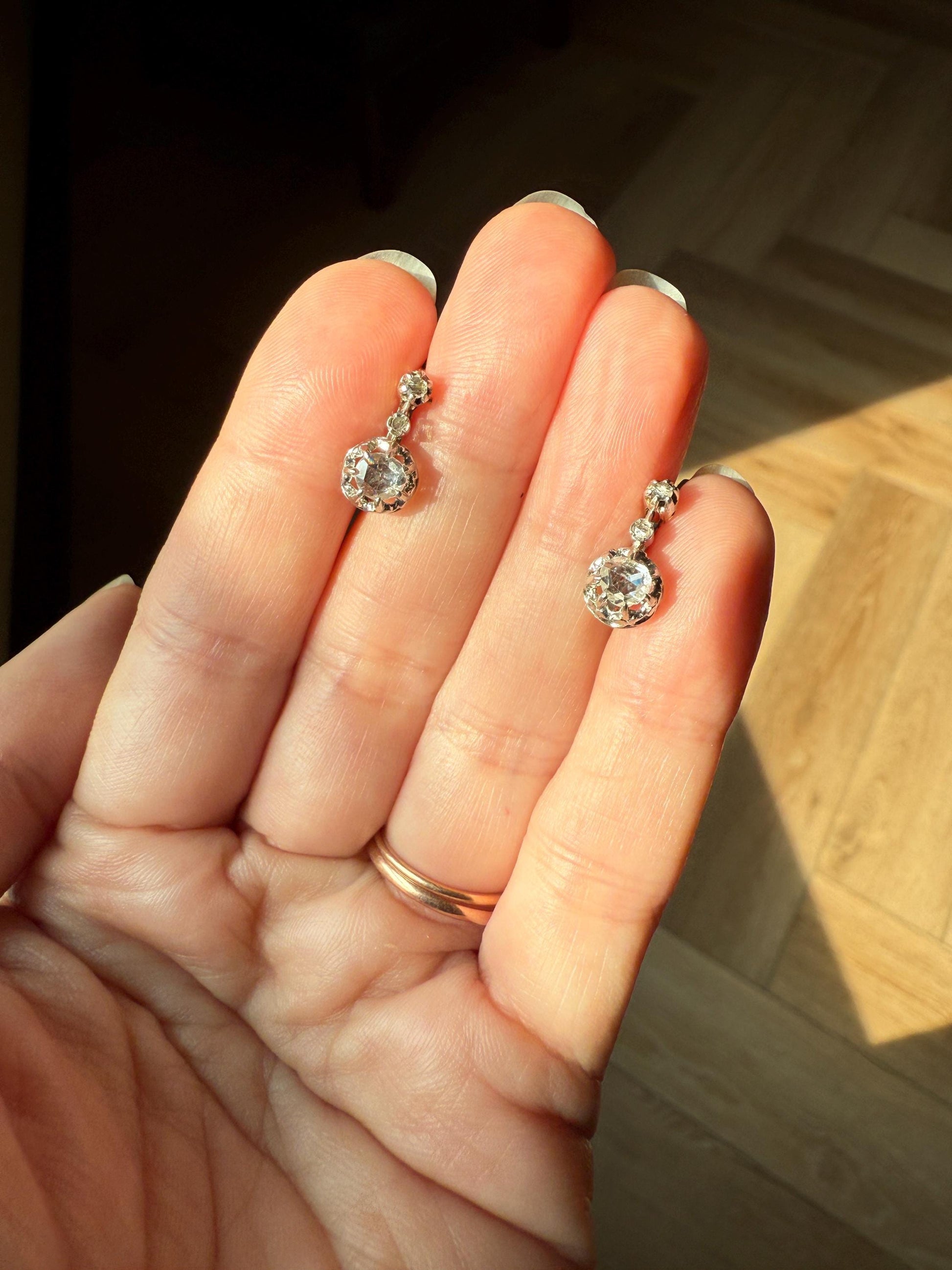 FRENCH Antique 18k GOLD Platinum Rose Cut DIAMOND Earrings Victorian Dangle Dormeuse Gift Belle Epoque Bridal Something Old Crown