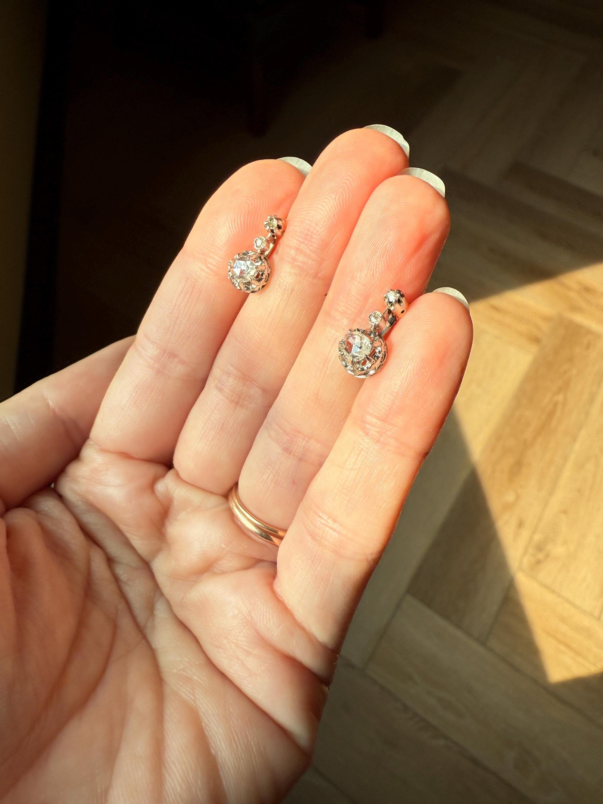 FRENCH Antique 18k GOLD Platinum Rose Cut DIAMOND Earrings Victorian Dangle Dormeuse Gift Belle Epoque Bridal Something Old Crown