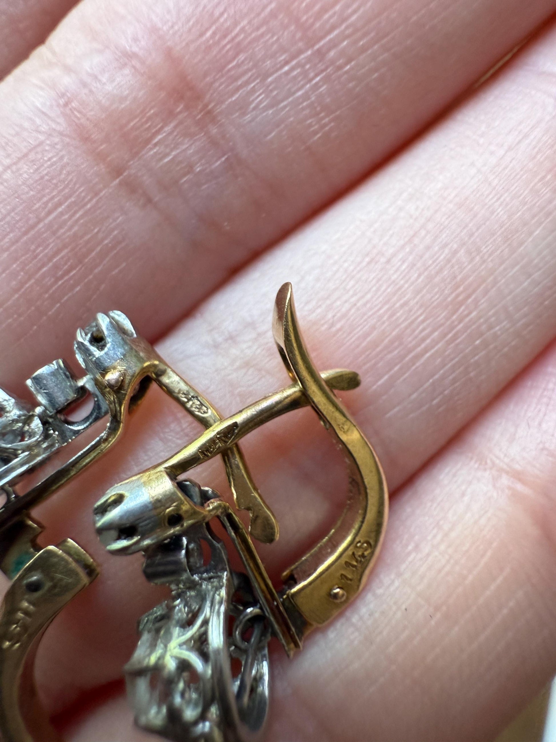 FRENCH Antique 18k GOLD Platinum Rose Cut DIAMOND Earrings Victorian Dangle Dormeuse Gift Belle Epoque Bridal Something Old Crown