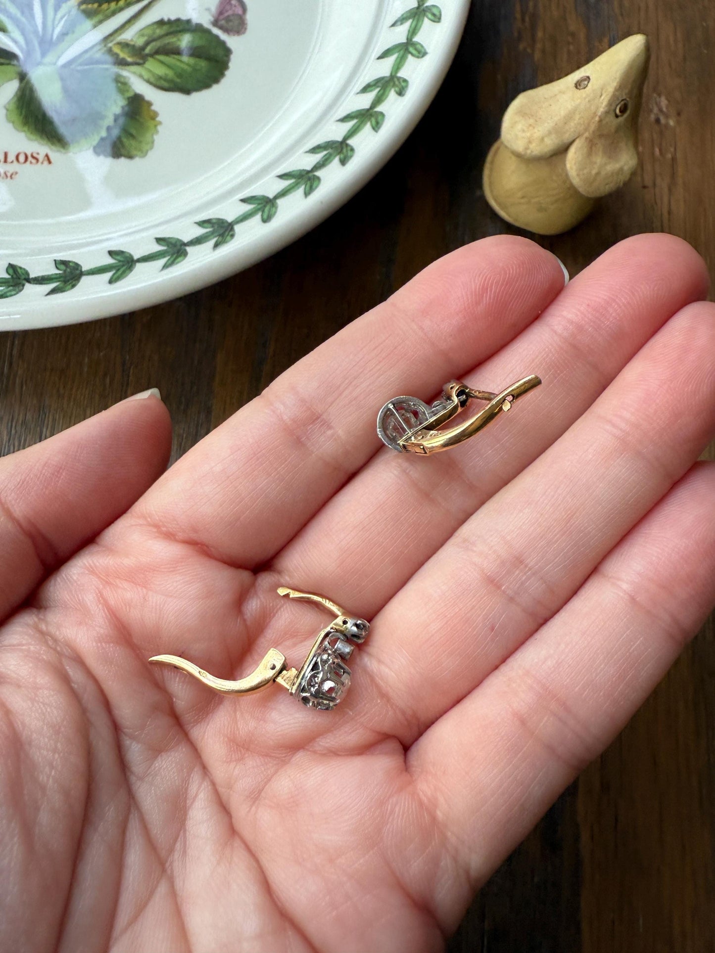 FRENCH Antique 18k GOLD Platinum Rose Cut DIAMOND Earrings Victorian Dangle Dormeuse Gift Belle Epoque Bridal Something Old Crown