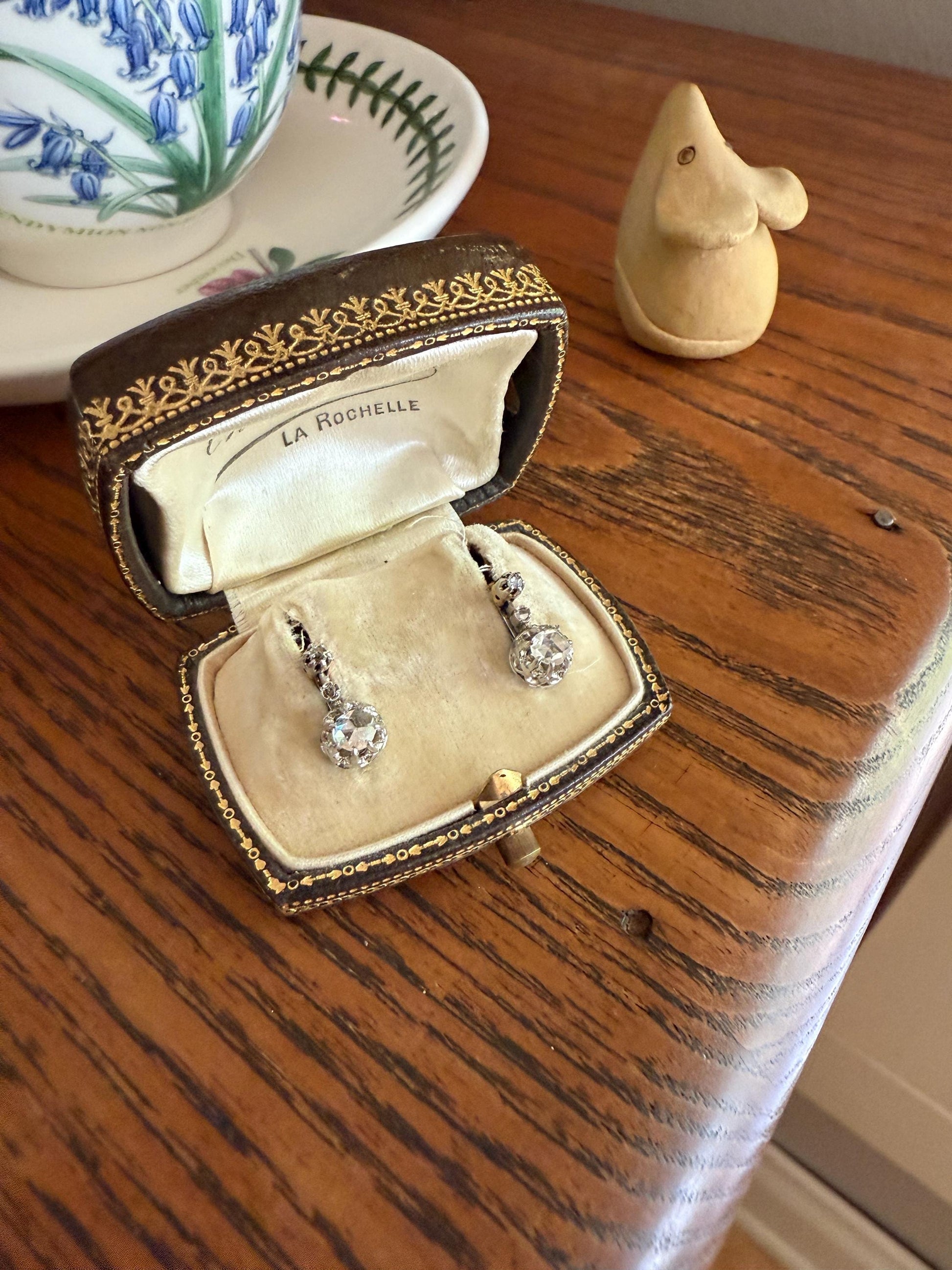 FRENCH Antique 18k GOLD Platinum Rose Cut DIAMOND Earrings Victorian Dangle Dormeuse Gift Belle Epoque Bridal Something Old Crown