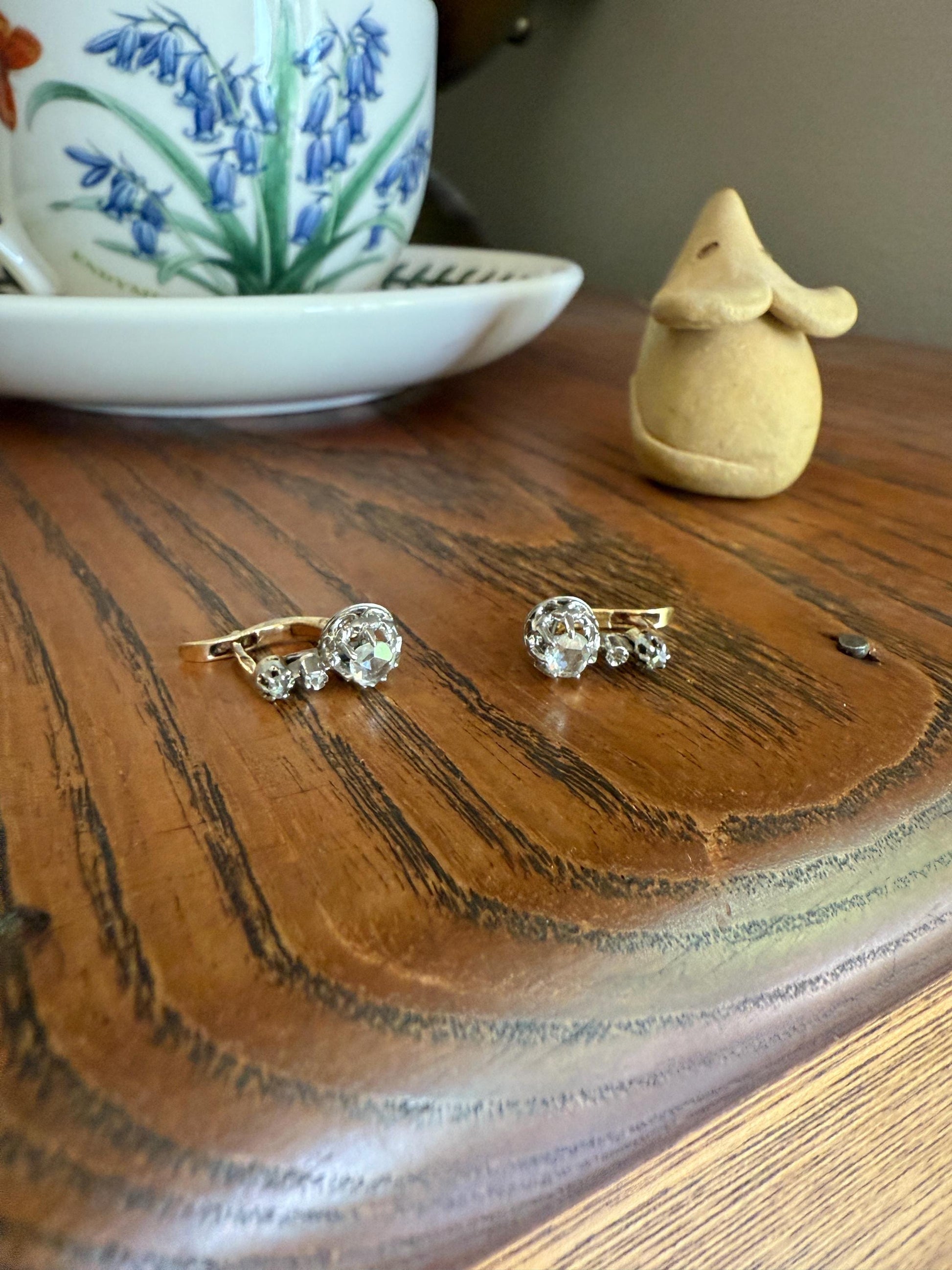 FRENCH Antique 18k GOLD Platinum Rose Cut DIAMOND Earrings Victorian Dangle Dormeuse Gift Belle Epoque Bridal Something Old Crown