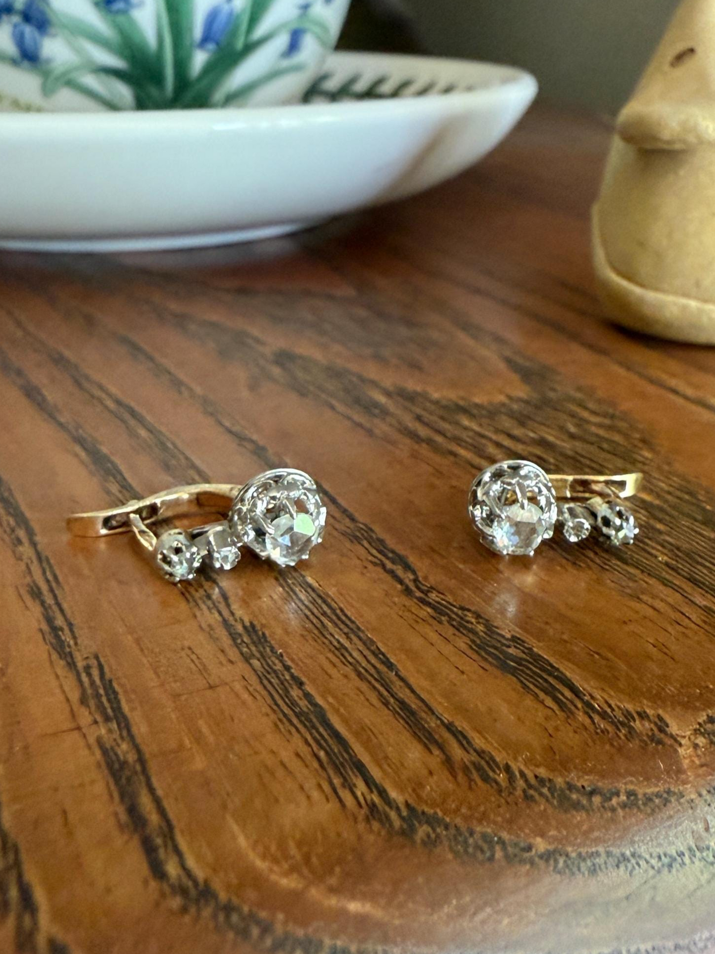 FRENCH Antique 18k GOLD Platinum Rose Cut DIAMOND Earrings Victorian Dangle Dormeuse Gift Belle Epoque