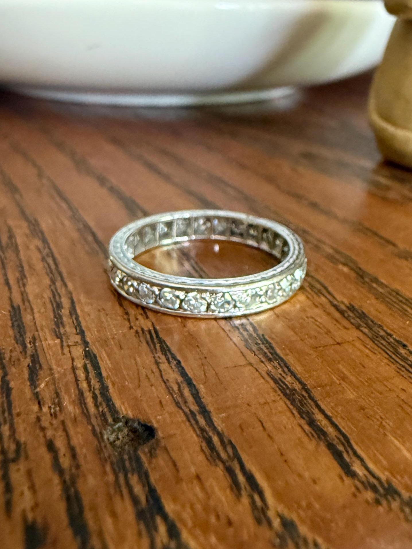 FRENCH Antique Edwardian Art Deco .8 Carat 26 Old Single Cut DiAMOND Platinum FuLL ETERNITY Band Engraved Ring Wedding 0.8Ctw Tdw Stacker