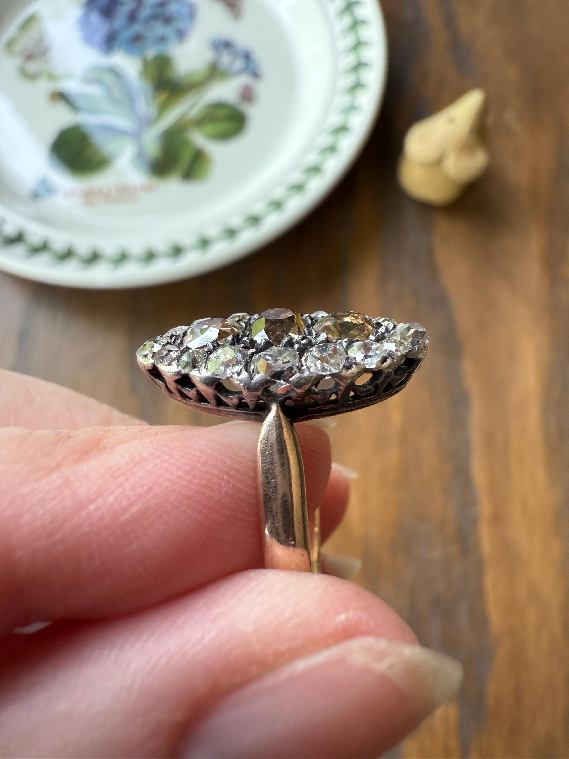 Uncommon 2.25 Carat Fancy Brown & White Halo Old Mine Cut Diamond Navette Ring Oval Victorian Antique 18k Gold Silver Chocolate Champagne