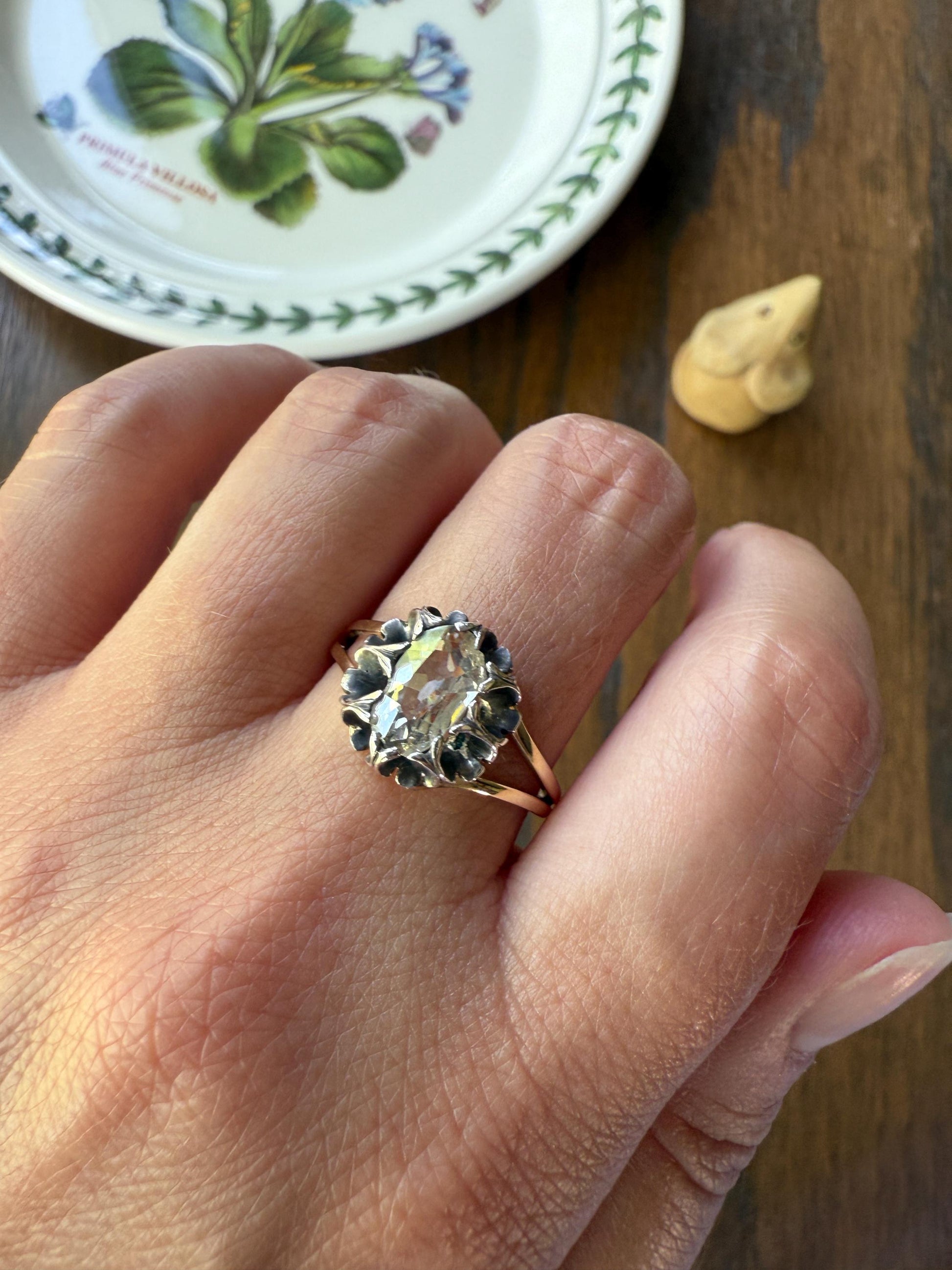ANTIQUE Elongated Old Mine Cut Oval DIAMOND Eye Clean Silver Star Prong Basket Setting in 10k Gold Unique Buttercup Victorian .6 to 1.2 Ct.