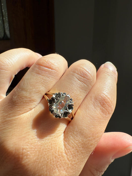 ANTIQUE Elongated Old Mine Cut Oval DIAMOND Eye Clean Silver Star Prong Basket Setting in 10k Gold Unique Buttercup Victorian .6 to 1.2 Ct.