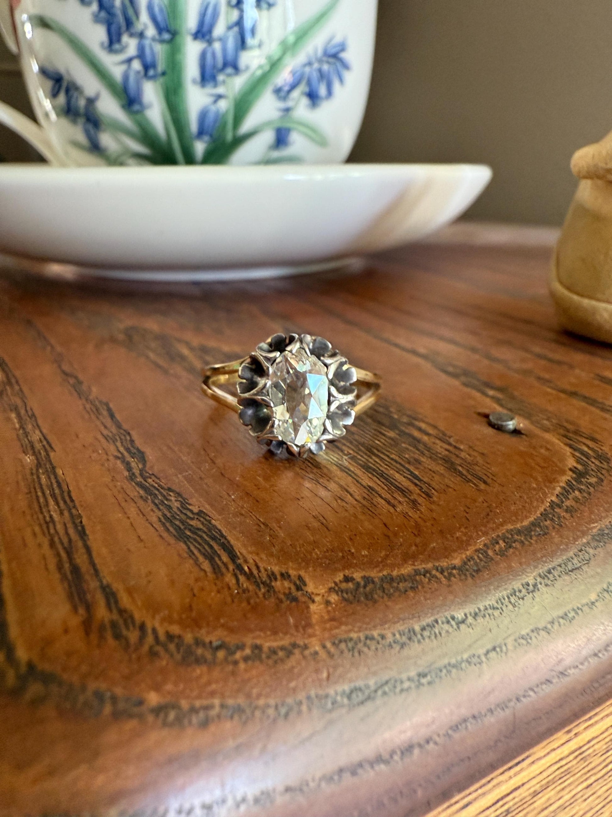 ANTIQUE Elongated Old Mine Cut Oval DIAMOND Eye Clean Silver Star Prong Basket Setting in 10k Gold Unique Buttercup Victorian .6 to 1.2 Ct.