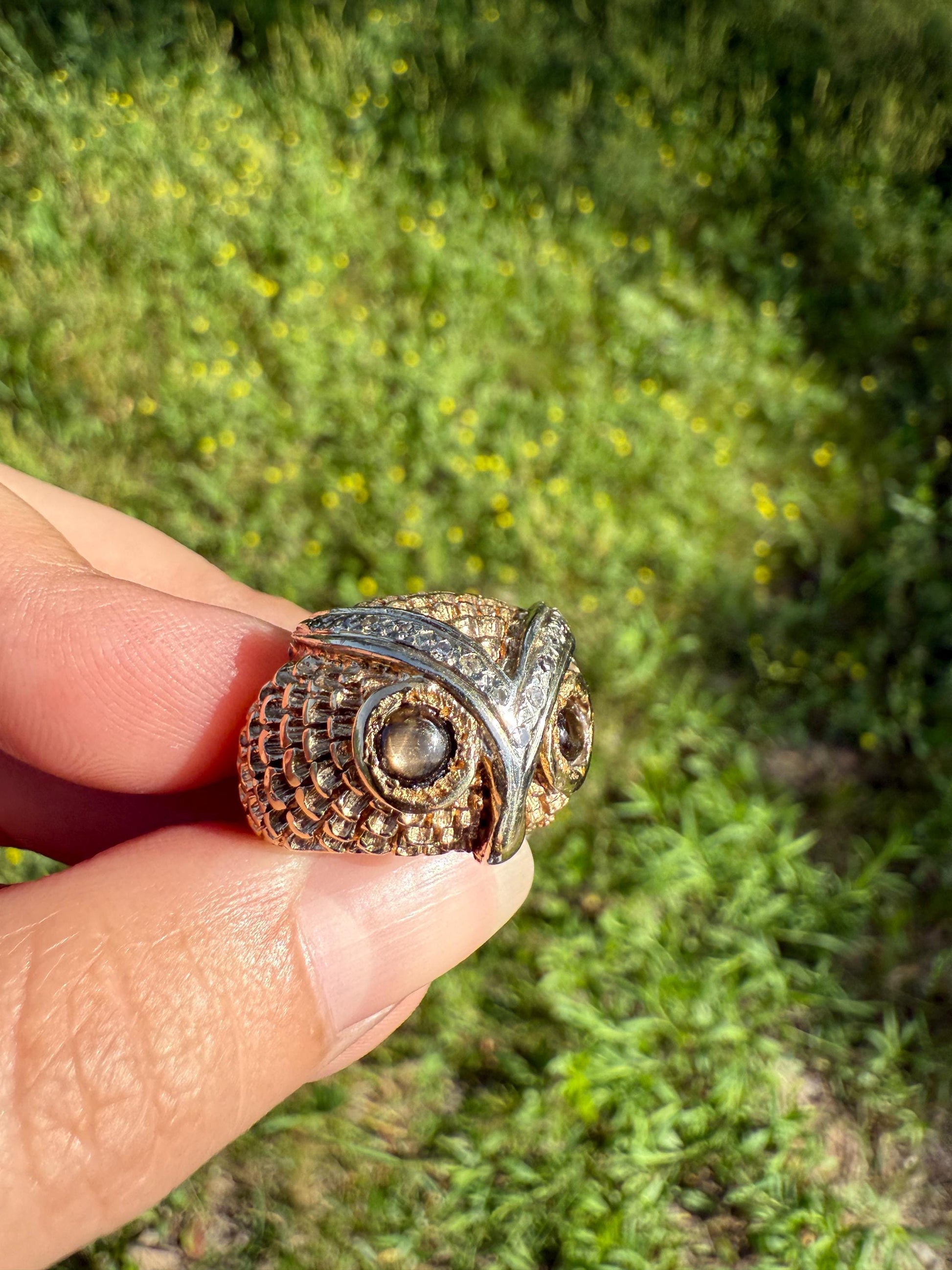 OWL Vintage Figural HEAVY 12.7g 14k Gold Ring Cat's Eye Gray Chrysoberyl Eyes Two Tone Diamond Accents Domed Chunky Unisex Statement Wisdom