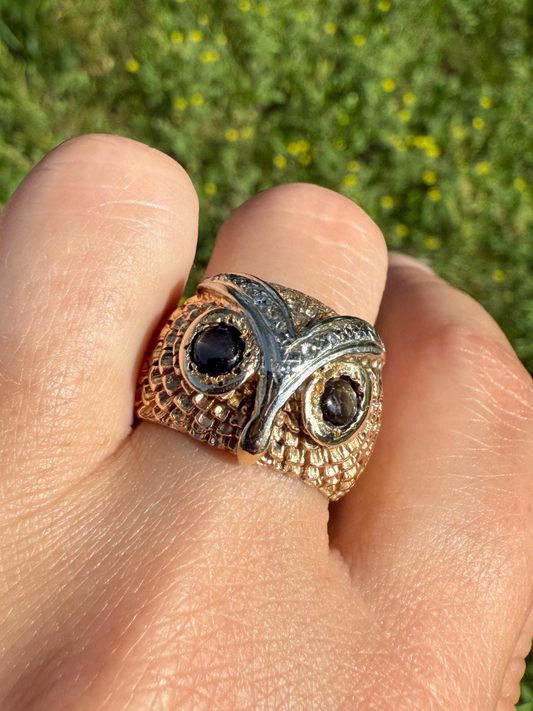 OWL Vintage Figural HEAVY 12.7g 14k Gold Ring Cat's Eye Gray Chrysoberyl Eyes Two Tone Diamond Accents Domed Chunky Unisex Statement Wisdom