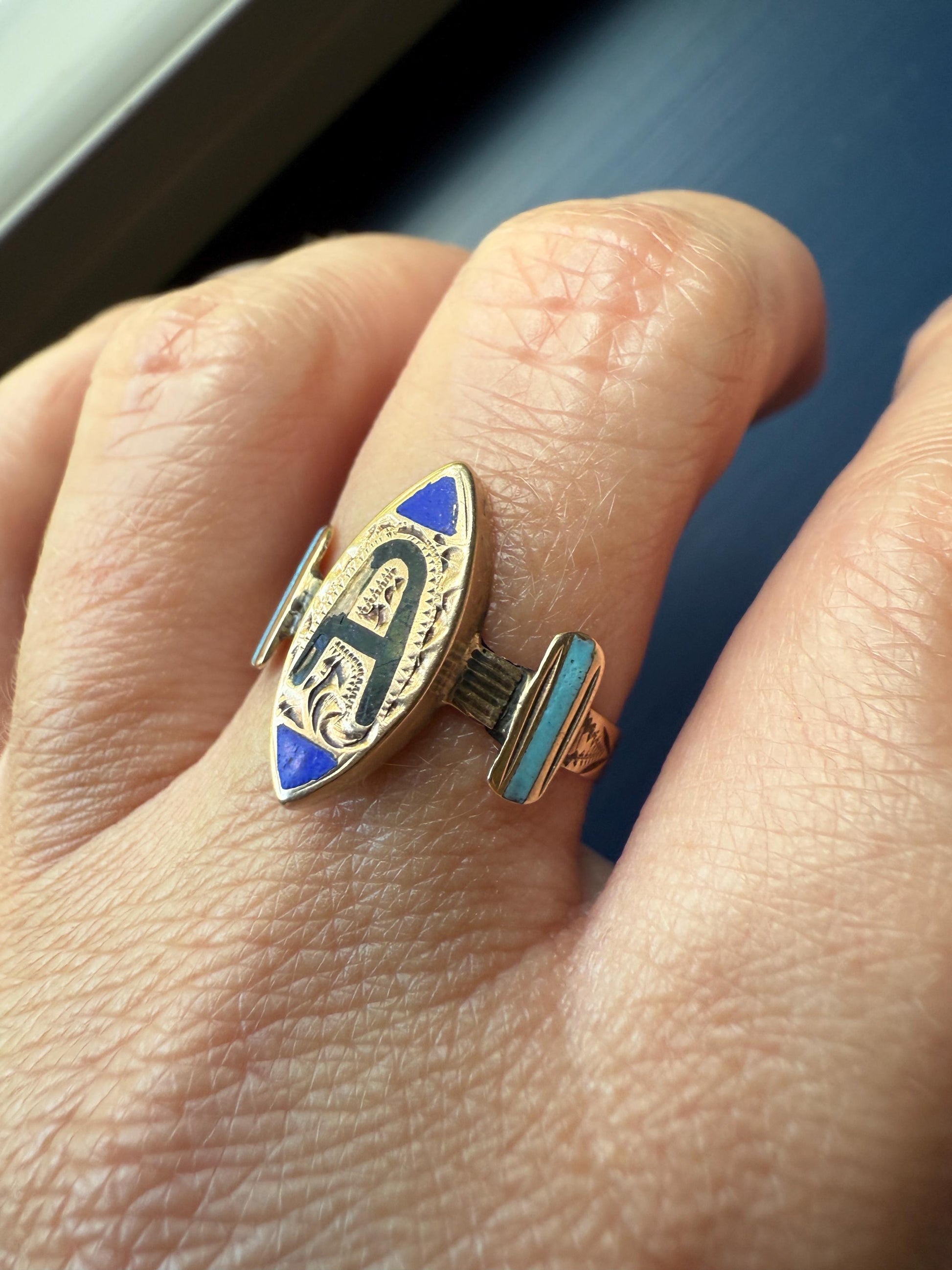 A is for AMORE Or ? Italian Love Band Ring Black Blue Enamel Shield Banded Shoulders Signet Unisex Man Ring Figural Letter Initial Betrothal