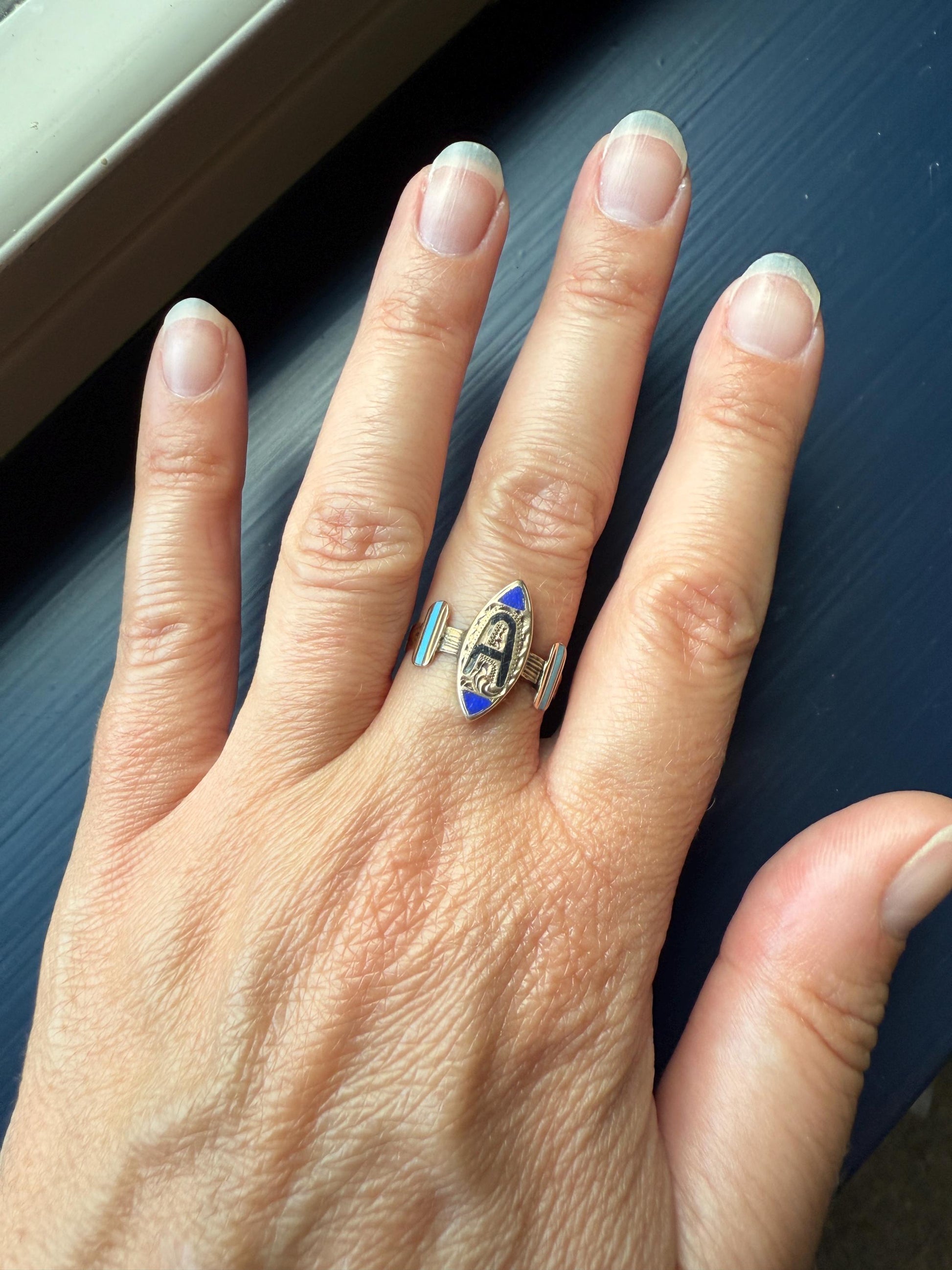 A is for AMORE Or ? Italian Love Band Ring Black Blue Enamel Shield Banded Shoulders Signet Unisex Man Ring Figural Letter Initial Betrothal