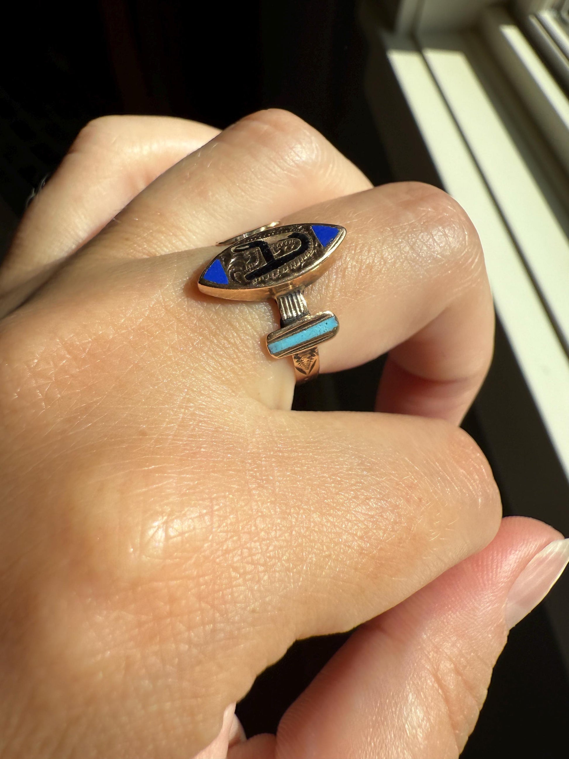 A is for AMORE Or ? Italian Love Band Ring Black Blue Enamel Shield Banded Shoulders Signet Unisex Man Ring Figural Letter Initial Betrothal