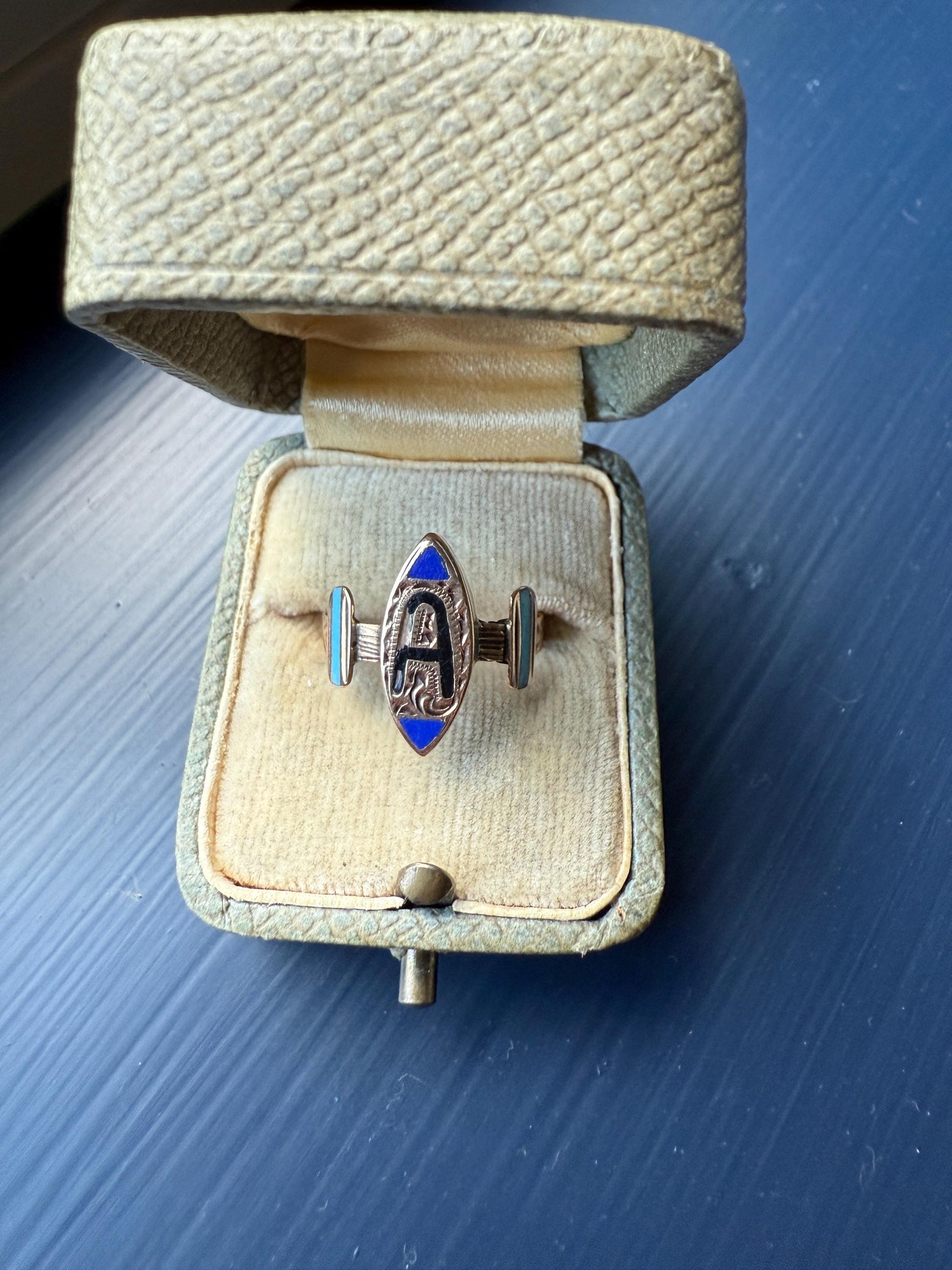 A is for AMORE Or ? Italian Love Band Ring Black Blue Enamel Shield Banded Shoulders Signet Unisex Man Ring Figural Letter Initial Betrothal