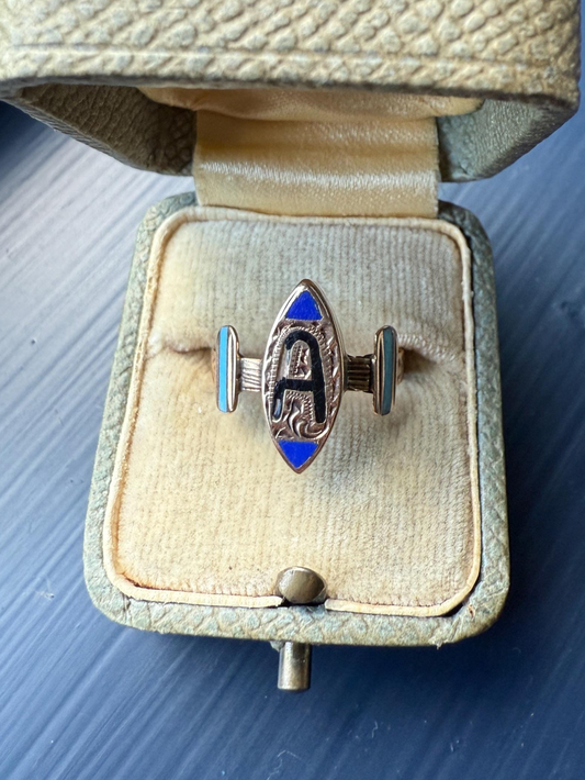 A is for AMORE Or ? Italian Love Band Ring Black Blue Enamel Shield Signet Unisex Man Ring Figural Letter Initial Betrothal