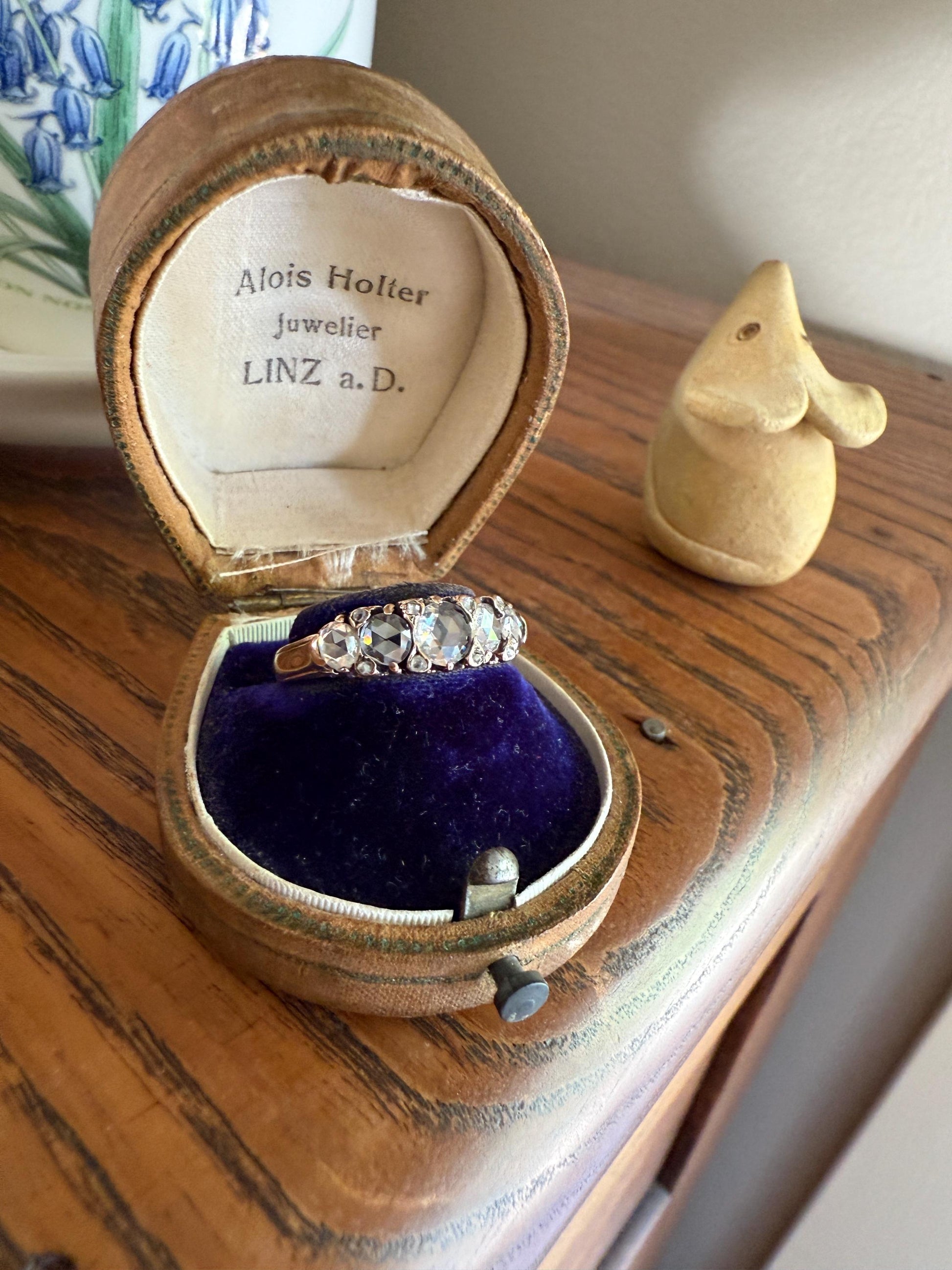 ANTIQUE Rose Cut DIAMOND Five Stone Band with Spacers Disco Ball Stacker Ring 14k Gold