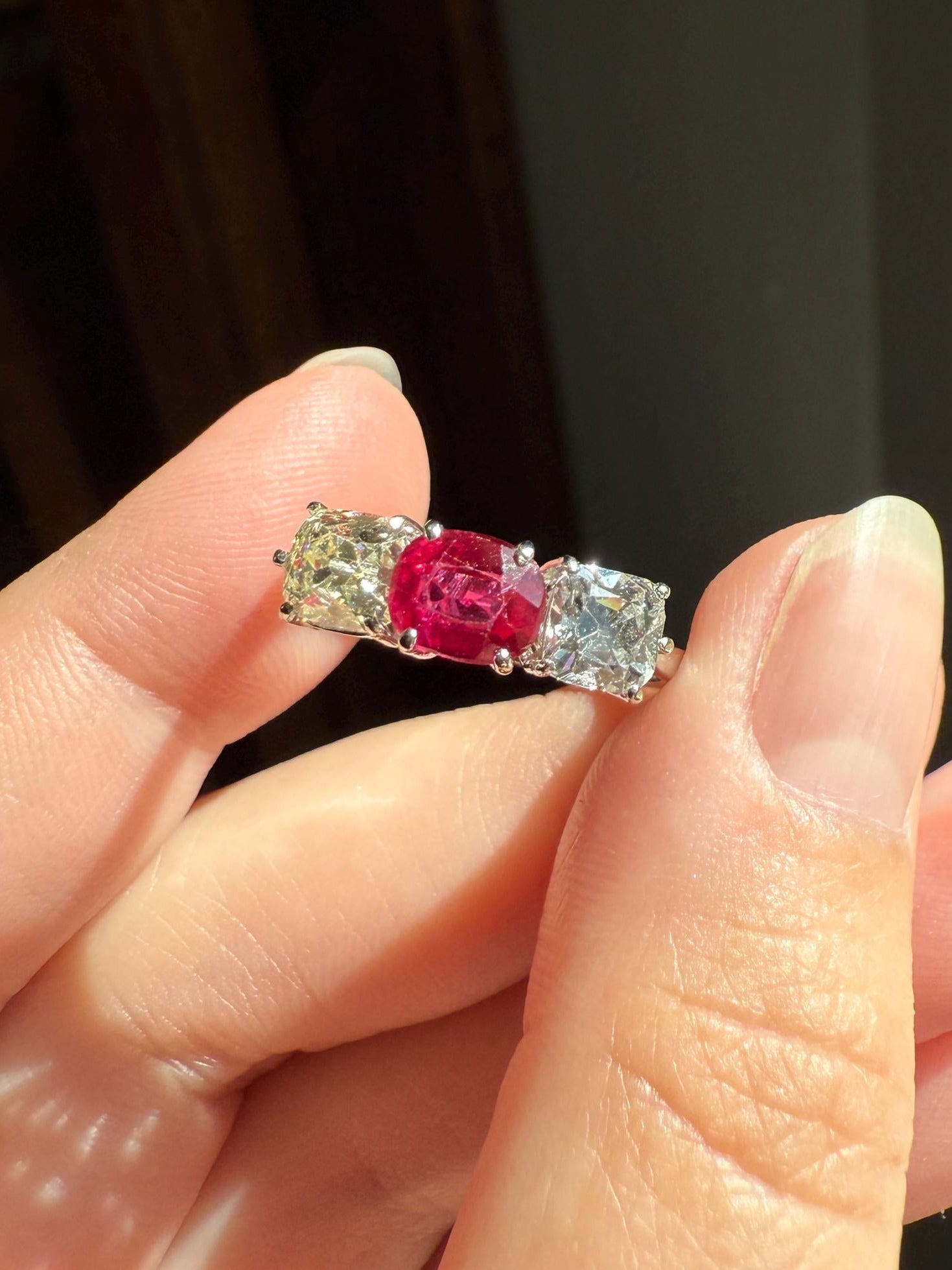 TALL Three Stone Square Old Mine Cut DIAMOND Natural Ruby 18k White Gold Ring Unique Stacker Setting Stackable Pinkish Red
