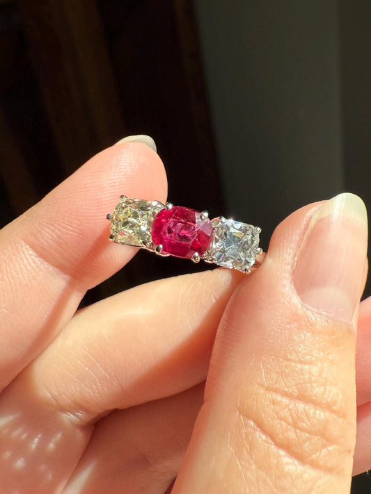 TALL Three Stone Square Old Mine Cut DIAMOND Natural Ruby 18k White Gold Ring Unique Stacker Setting Stackable Pinkish Red