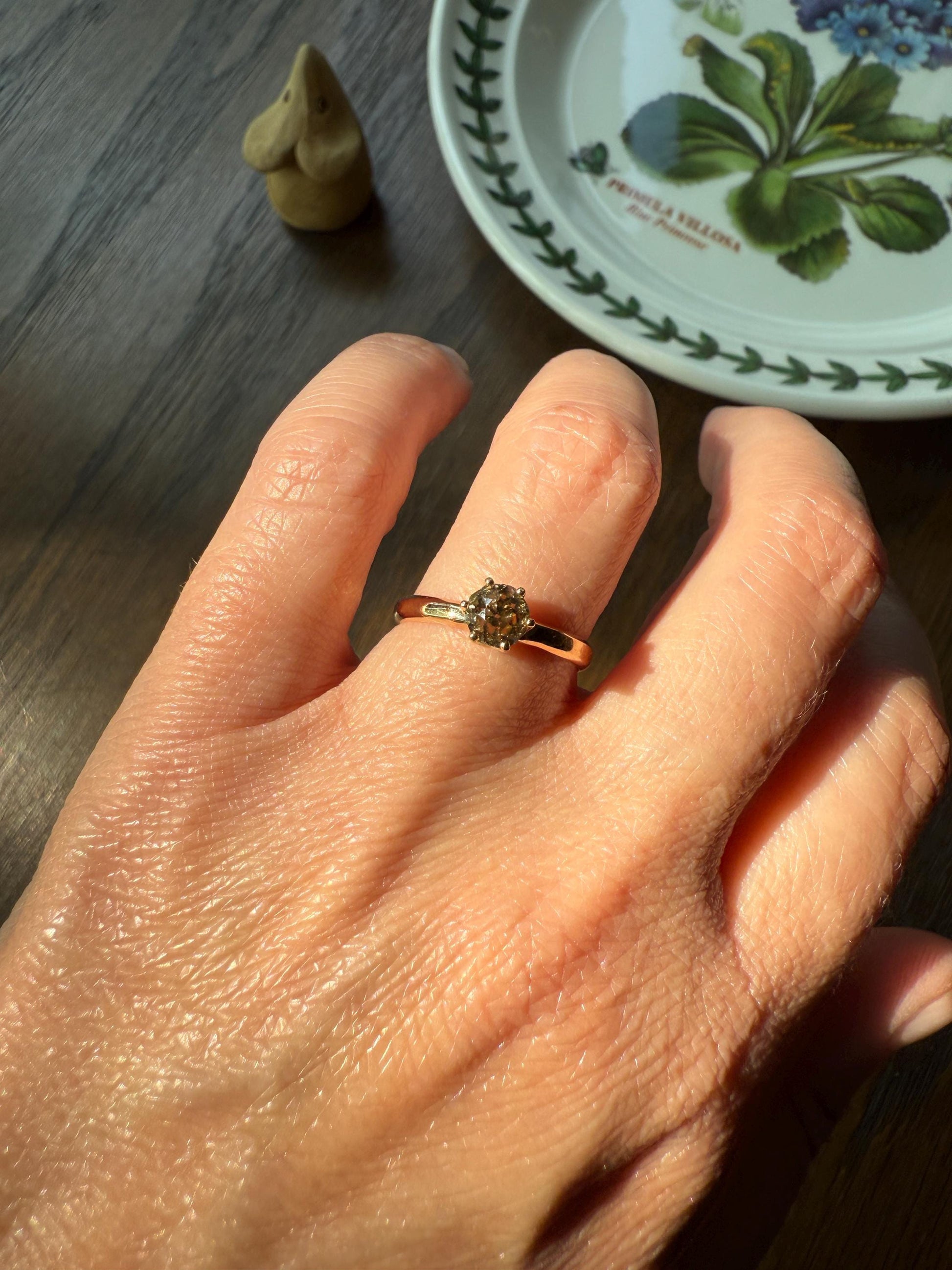 Vintage Band Antique Diamond .69 Carat Fancy Brown Old Mine Cut 18k Gold Dated Wedding Ring Solitaire Champagne Ooak Stacker Engagement Gift
