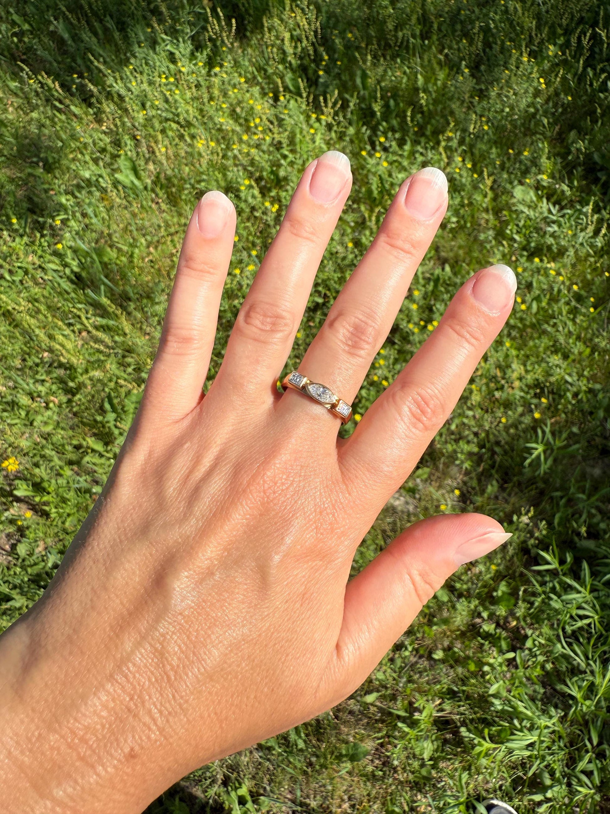 Chunky Geometric Three Stone DIAMOND Vintage Wide Band .8 Carat Marquise & Rectangular Step Cut Ring 18k Gold Stacker Bezel Set .8Ctw