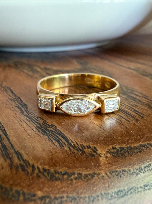Chunky Geometric Three Stone DIAMOND Vintage Wide Band .8 Carat Marquise & Rectangular Step Cut Ring 18k Gold Stacker Bezel Set .8Ctw