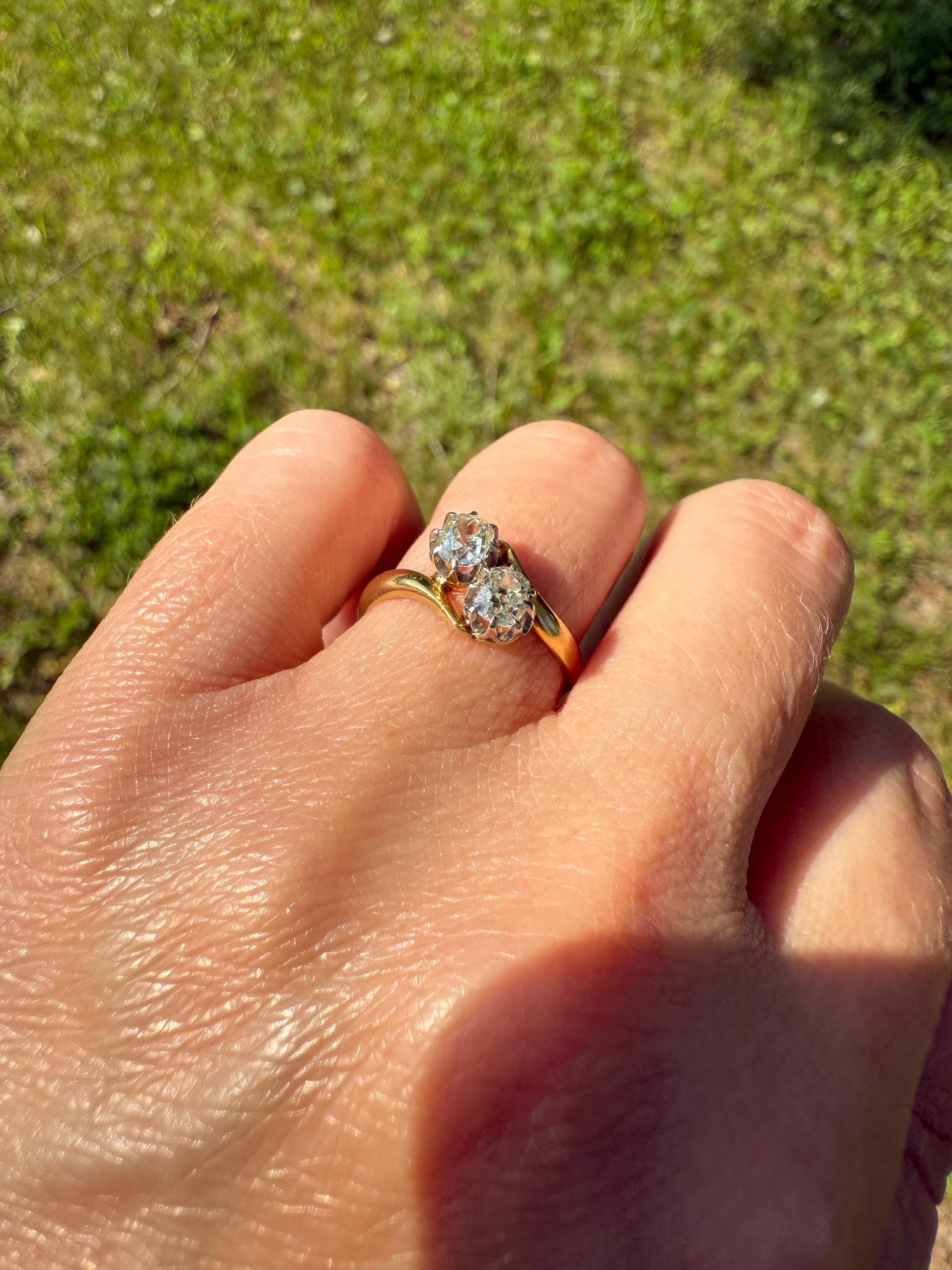 Toi et Moi EYE CLEAN .67 Carat Antique Old Mine Cut Diamond 18k Gold Ring Bypass Band Victorian Stacker Engagement Romantic Gift .67ctw OMC