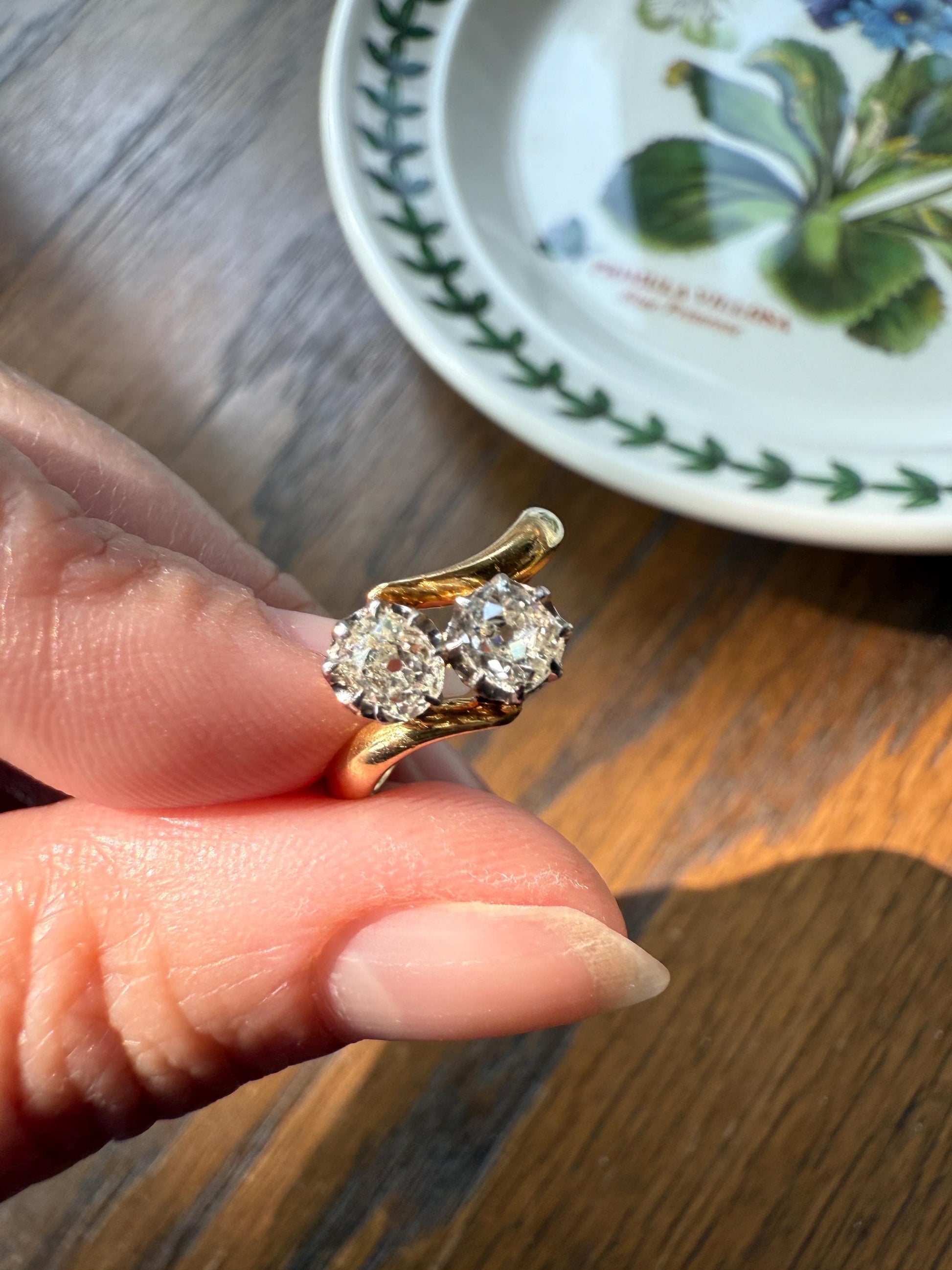 Toi et Moi EYE CLEAN .67 Carat Antique Old Mine Cut Diamond 18k Gold Ring Bypass Band Victorian Stacker Engagement Romantic Gift .67ctw OMC