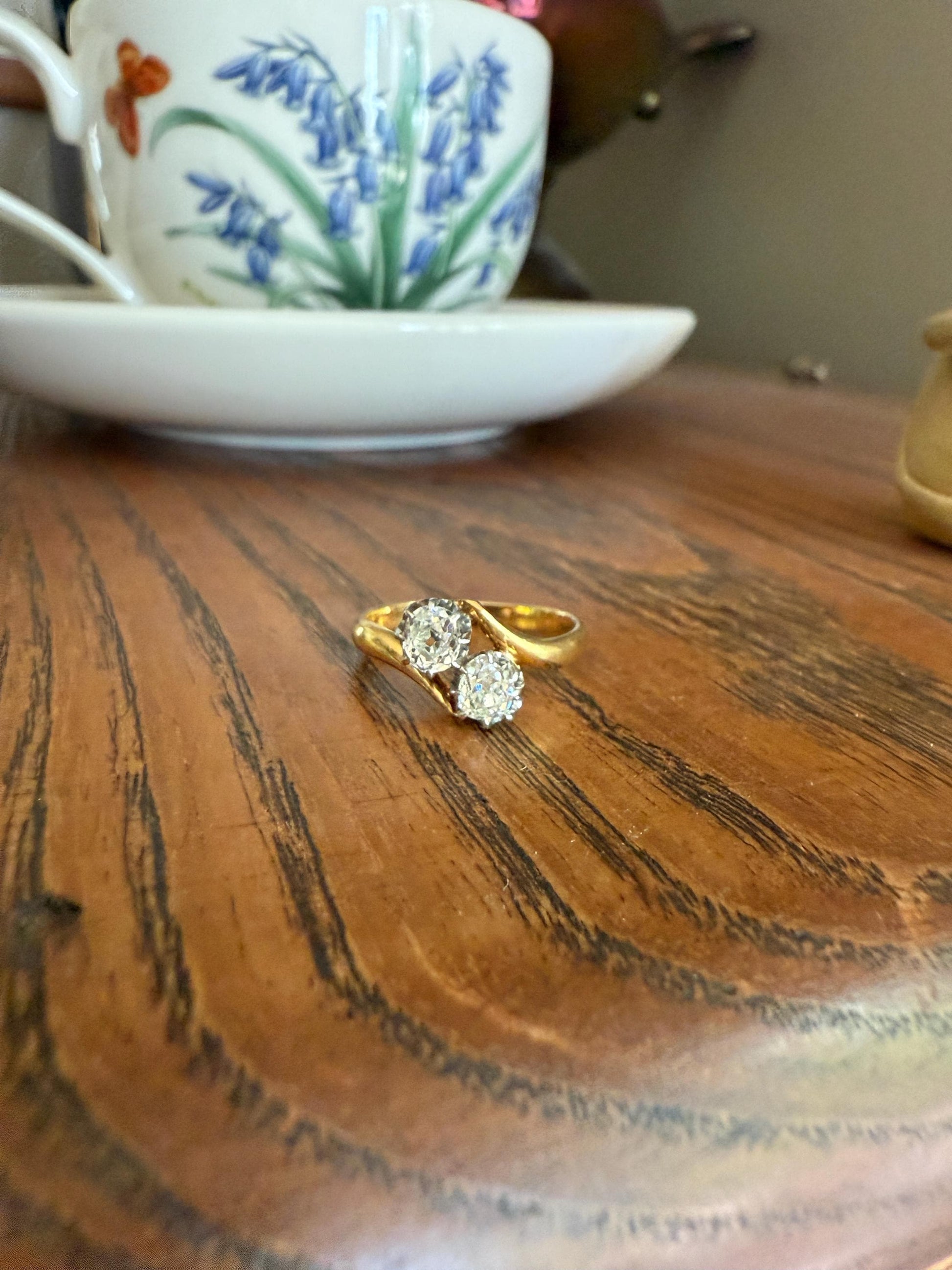 Toi et Moi EYE CLEAN .67 Carat Antique Old Mine Cut Diamond 18k Gold Ring Bypass Band Victorian Stacker Engagement Romantic Gift .67ctw OMC