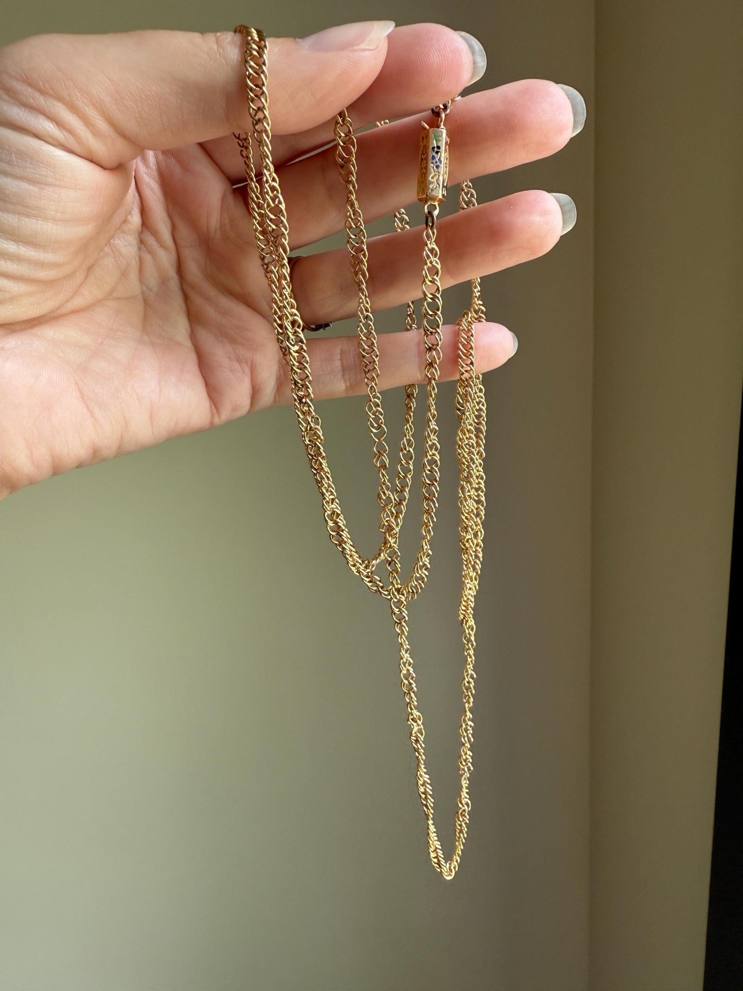 Victorian ANTIQUE 43" Long HEAVY French Hand Made 25g 18k Gold Circle Link Chain Enamel Floral Barrel Clasp Circle Links Guard Muff Double