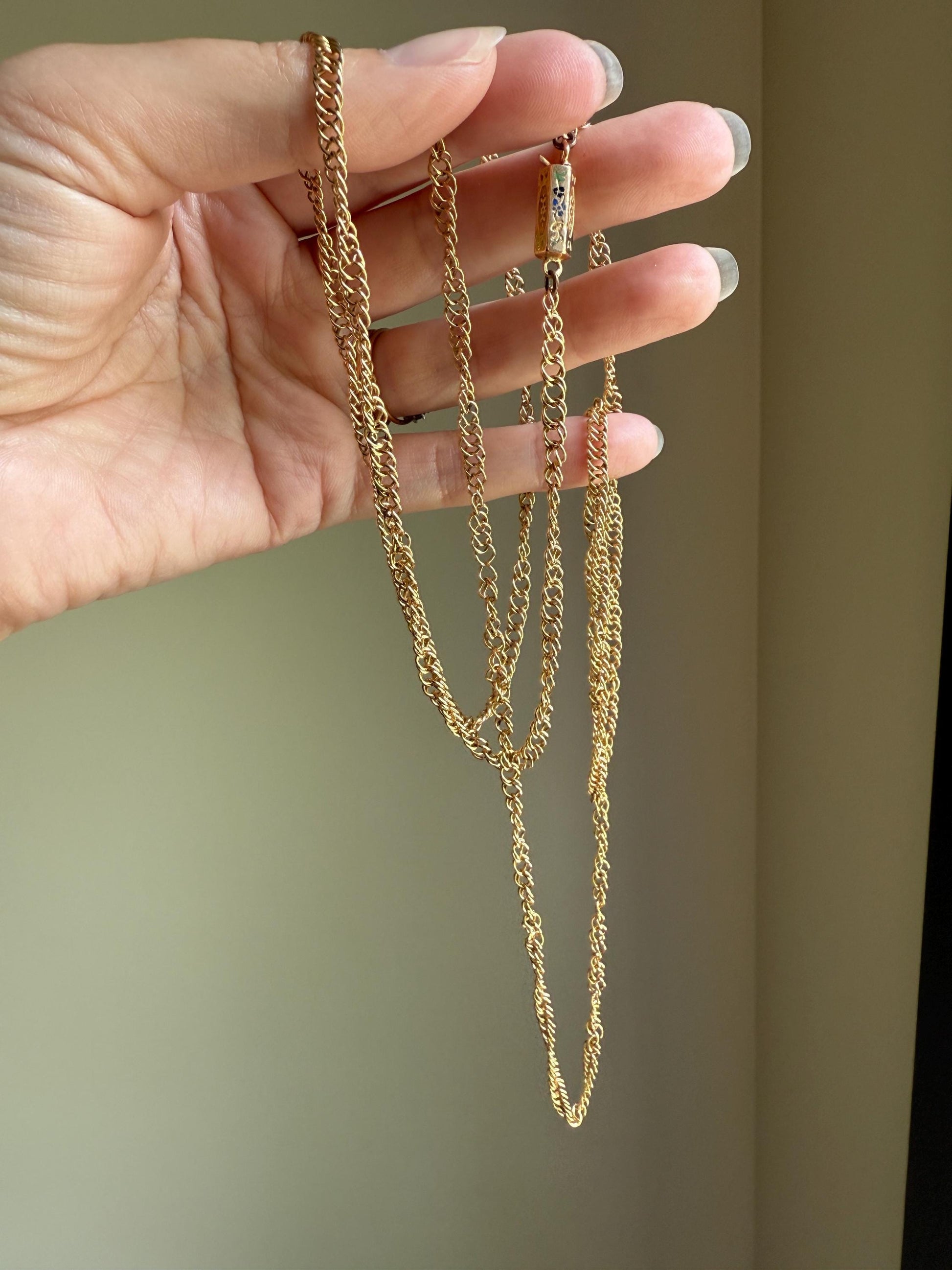Victorian ANTIQUE 43" Long HEAVY French Hand Made 25g 18k Gold Circle Link Chain Enamel Floral Barrel Clasp Circle Links Guard Muff Double