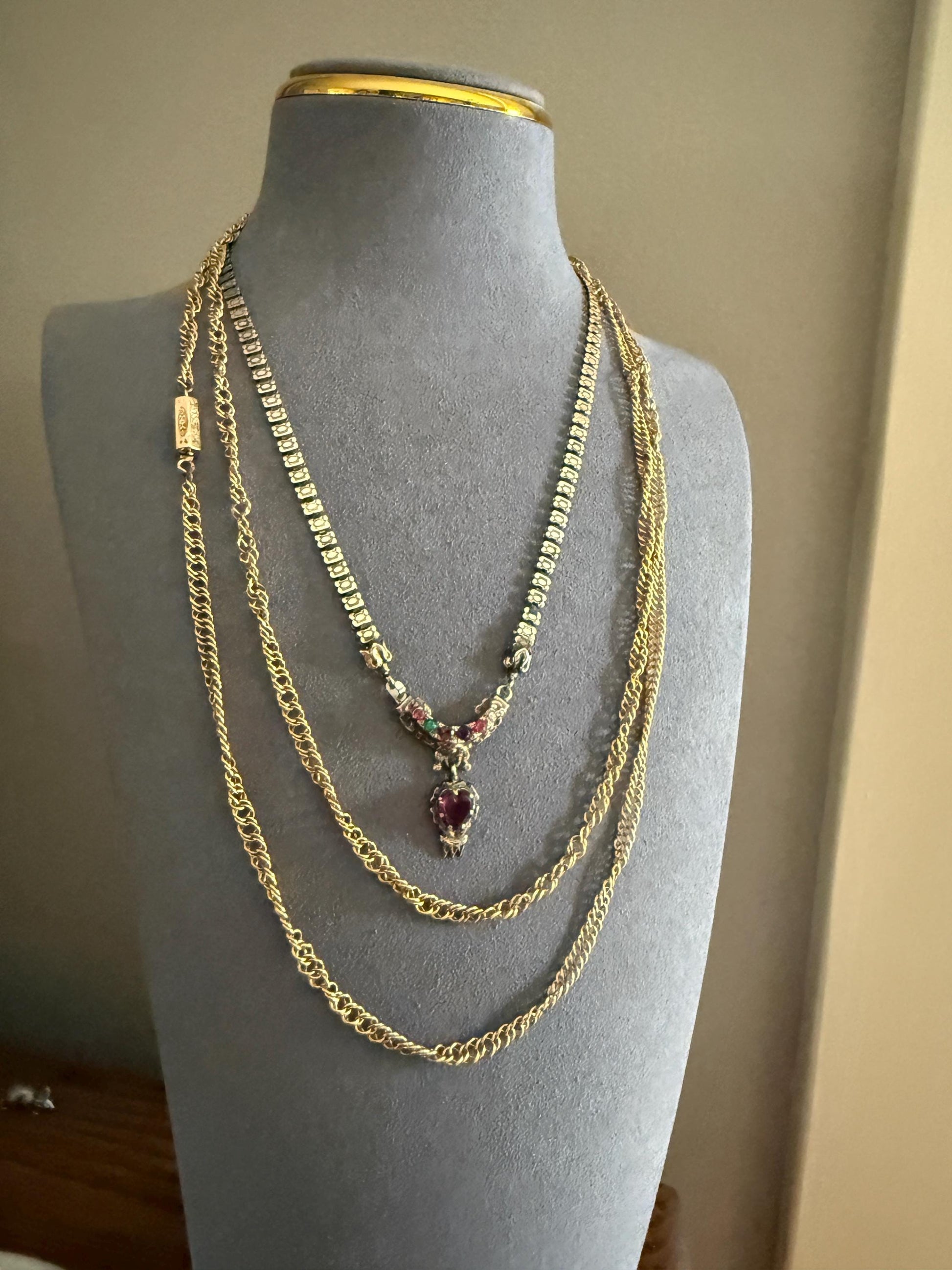 Victorian ANTIQUE 43" Long HEAVY French Hand Made 25g 18k Gold Circle Link Chain Enamel Floral Barrel Clasp Circle Links Guard Muff Double