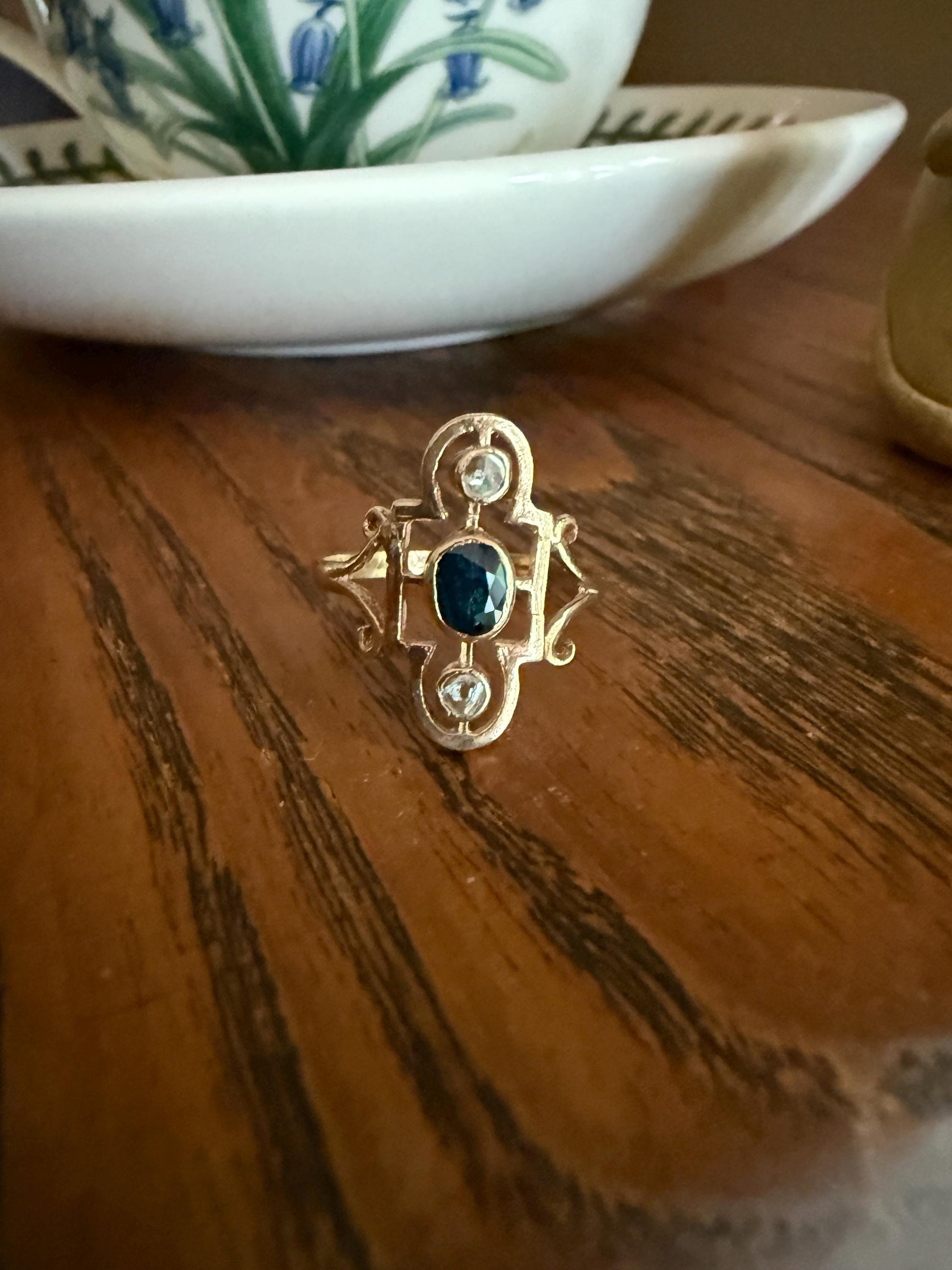 SHIELD Antique Natural Sapphire Rose Cut DIAMOND Open Work Ring 12k Gold Early 1900s Blue Geometric Stacker Unique Gift