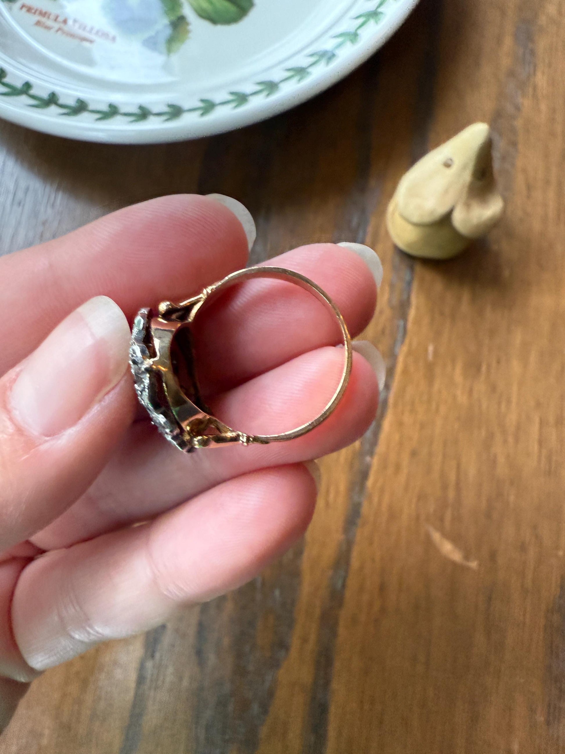 The Peacock Ring : ) Teardrop RUBY Old Mine Cut DIAMOND Ring 18k Gold Silver Flourishes Ornate Scrolled Shield Large Cocktail Statement Gift
