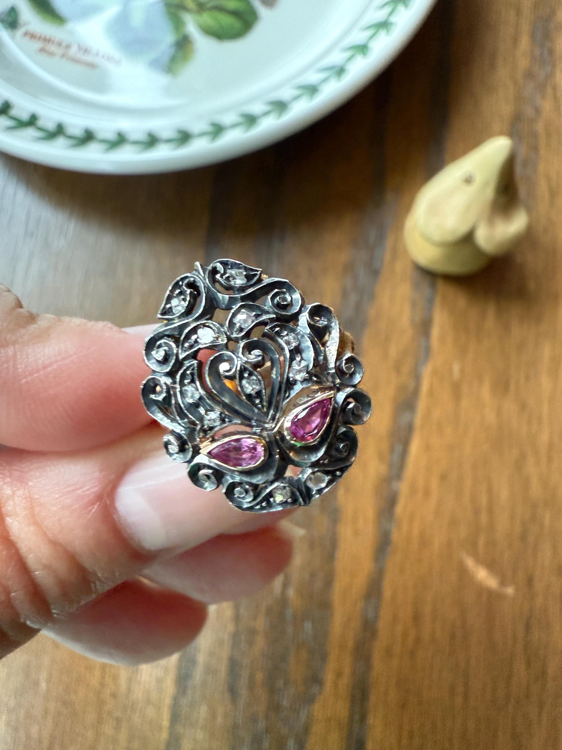 The Peacock Ring : ) Teardrop RUBY Old Mine Cut DIAMOND Ring 18k Gold Silver Flourishes Ornate Scrolled Shield Large Cocktail Statement Gift