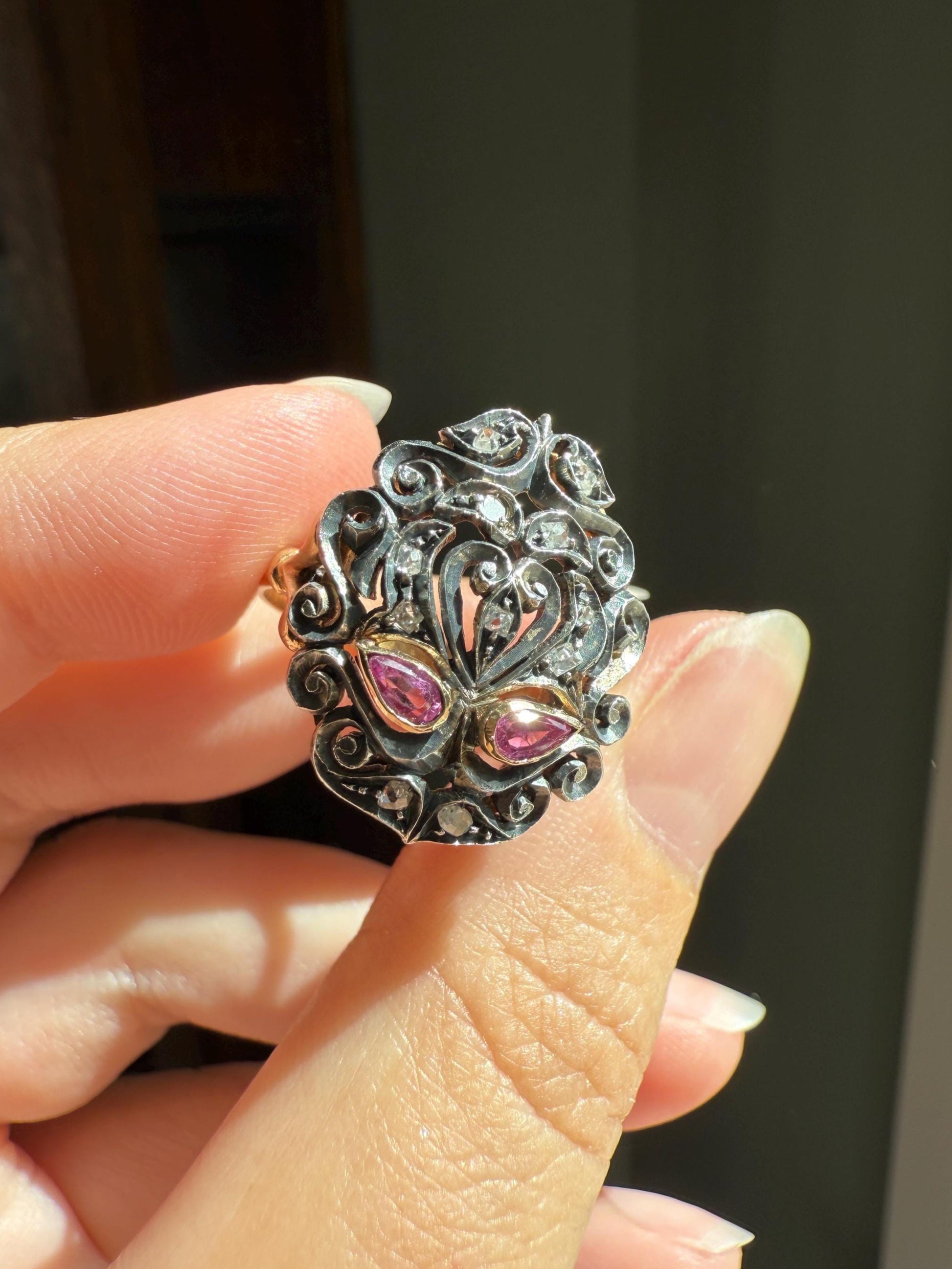 The Peacock Ring : ) Teardrop RUBY Old Mine Cut DIAMOND Ring 18k Gold Silver Flourishes Ornate Scrolled Shield Large Cocktail Statement Gift